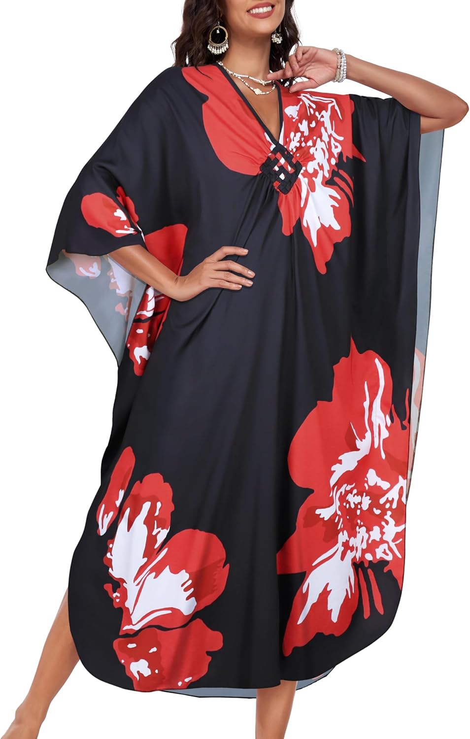 Kaftan Dresses for Women Plus Size V Neck Caftans Long Batwing Sleeve Beach Cover U... - Image 3