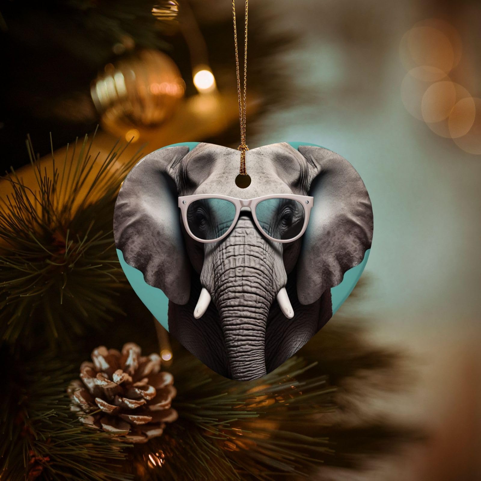 Christmas Tree Ornaments Ceramics Christmas Decorations Elephant with Glasses Ornaments with Gold Ribbon Porcelain Xmas Tree Crafts Heart Shape Hanging Pendant for Christmas Tree Party Decor