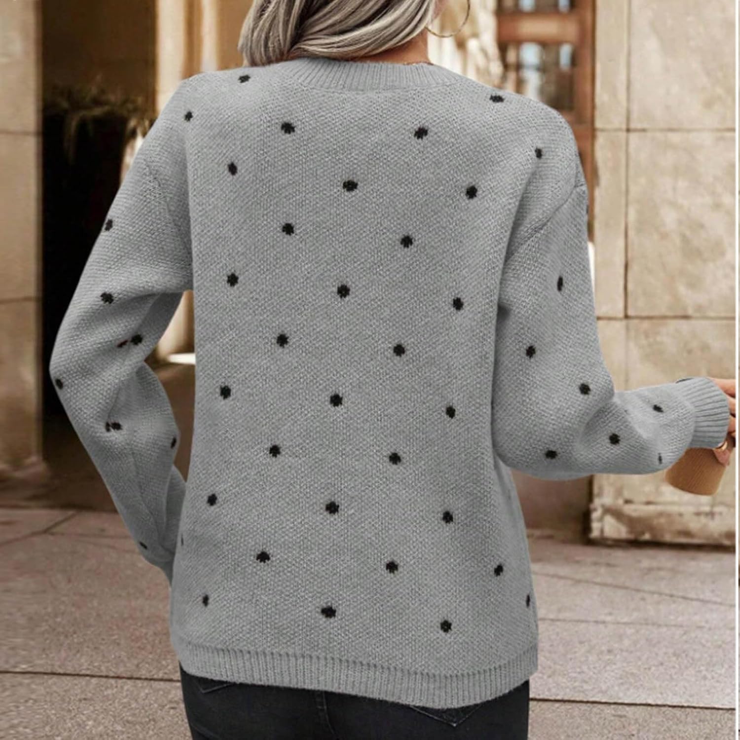 Women's Polka Dot Knit Sweater - Crew Neck Long Sleeve Pullover, Fashion Casual Solid Base Cashmere Sweaters