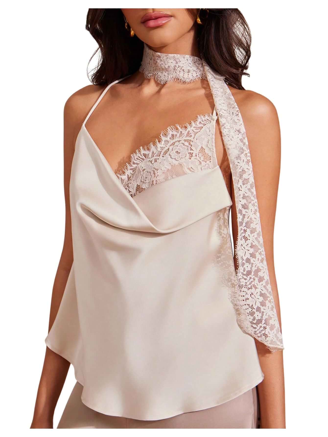 GORGLITTER Women's Satin Lace Top Silk Draped Cowl Neck Elegant CamisoleSatin Top Lace Cami with Scarf, Spaghetti Strap Country Concert Tops, Going Out Top, Old Money Clothes