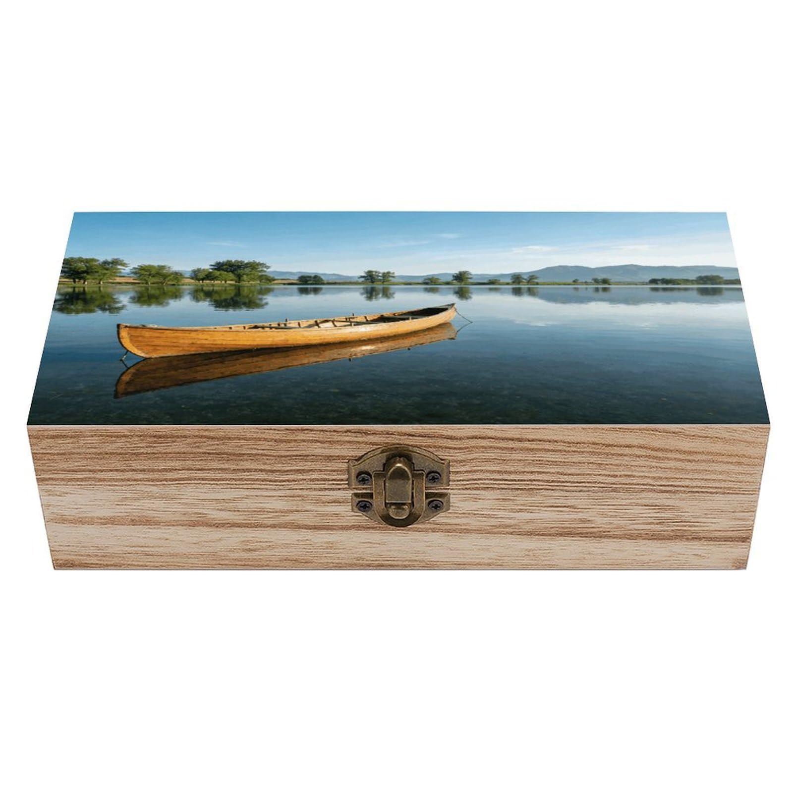 LZQPOEAS Canoe Lake Wooden Keepsake Box Wooden Storage Box Container with Hinged Lid Beautiful Wood Memory Box Decorative Jewelry Case for Crafts Art Hobbies & Trinket Storage