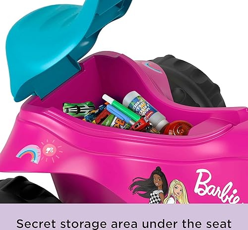 Vista 3 de Fisher-Price Triciclo para niños pequeños Barbie Tough Trike, bicicleta de juguete con agarres de manillar y almacenamiento para jugar al aire