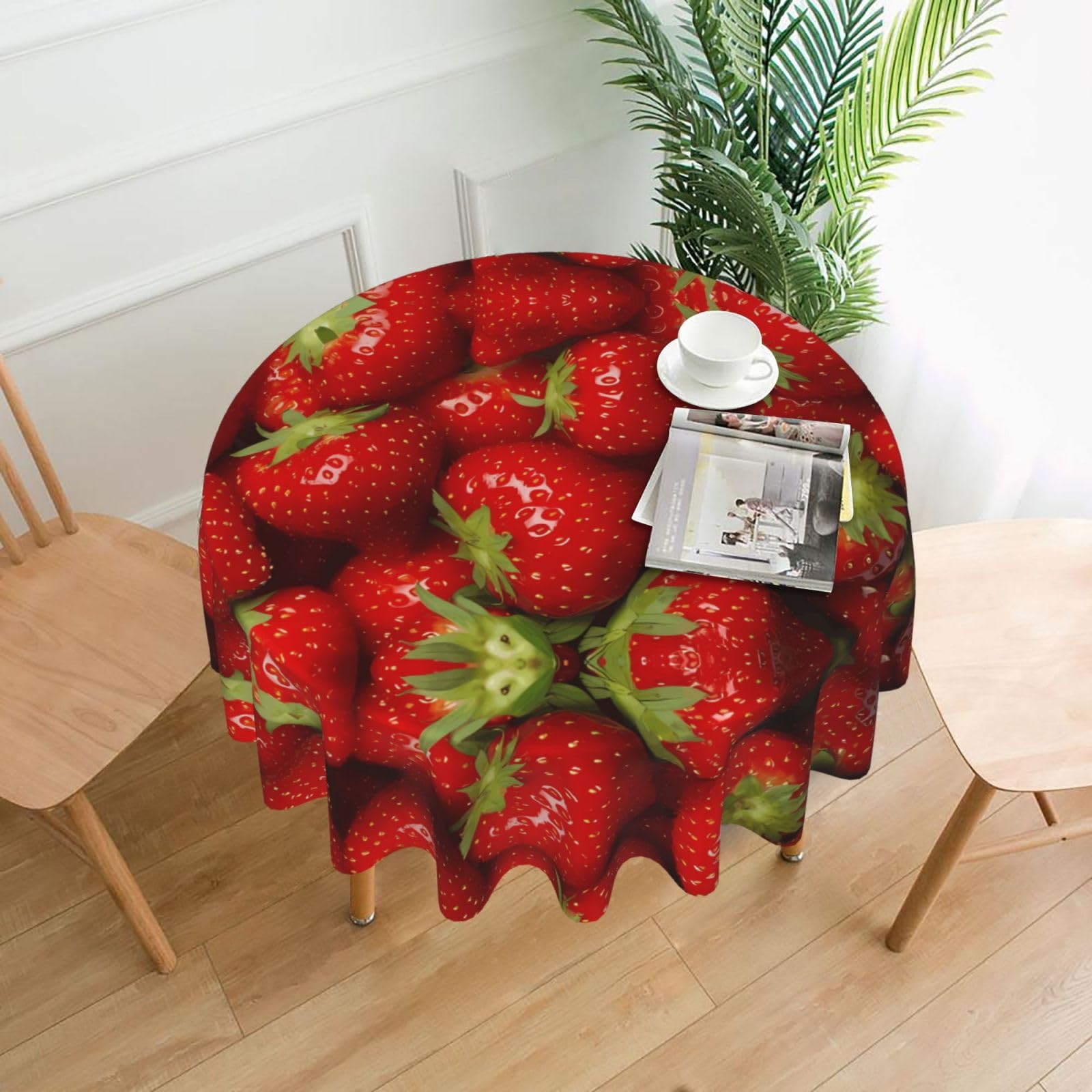 HJFCZH Red Strawberry Fruit Prints Round Decorative Tablecloth 60in - High-Grade Polyester Throw for Dinners, Weddings & Everyday Use