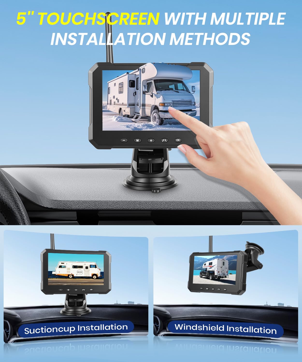 VECHTEL Monitor Retromarcia Wireless 5'' IPS HD, Telecamera Solare Senza Fili 10000mAh Magnetica IP69, Visione Notturna, Linee Guida Parcheggio Intelligenti, Compatibile 12V per Auto Camion SUV