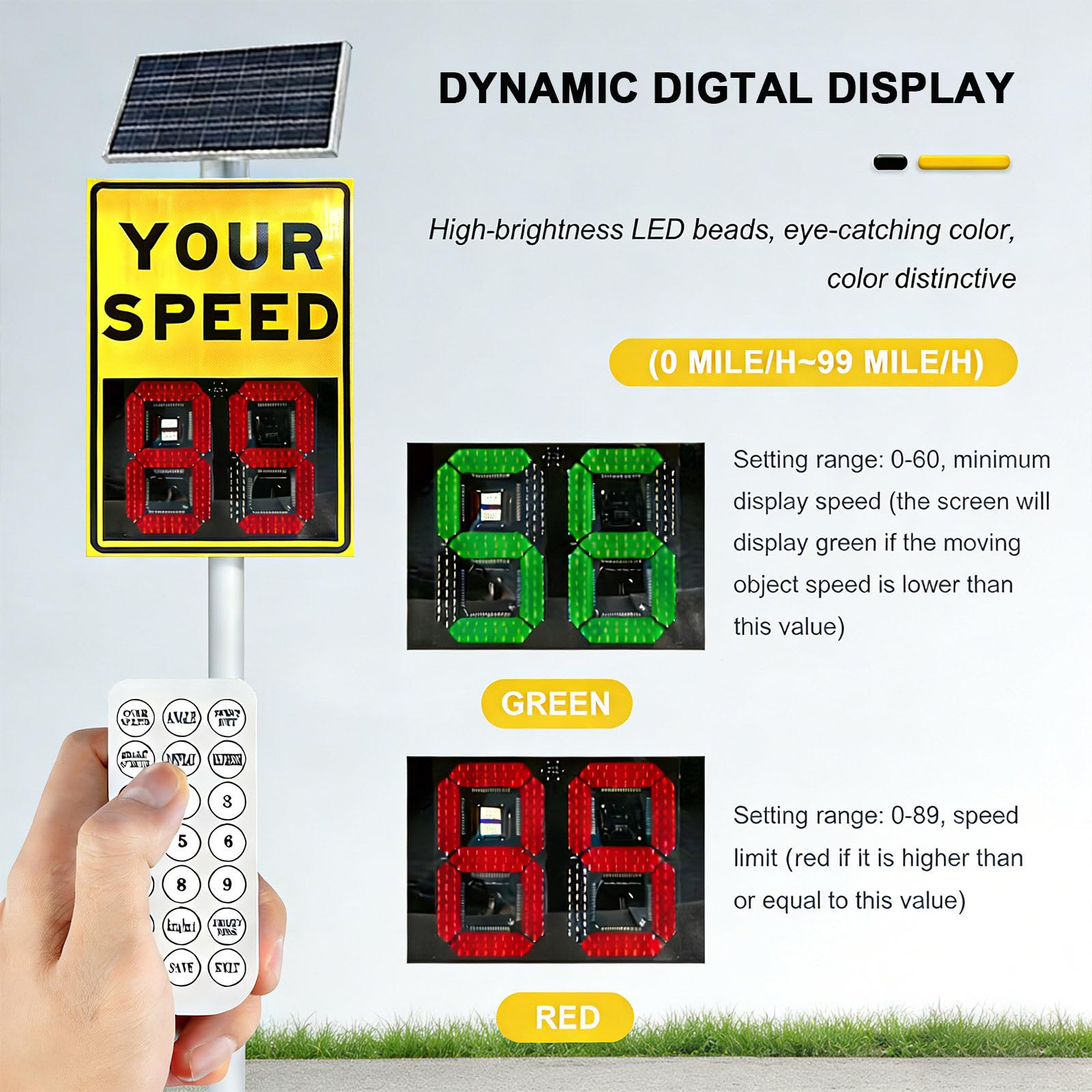 Señal de Velocidad de Radar alimentada por energía Solar de bajo Mantenimiento y Detector Digital de Radar de tráfico con Control Remoto, con señales LED Aluminio IP65 duraderas Yellow