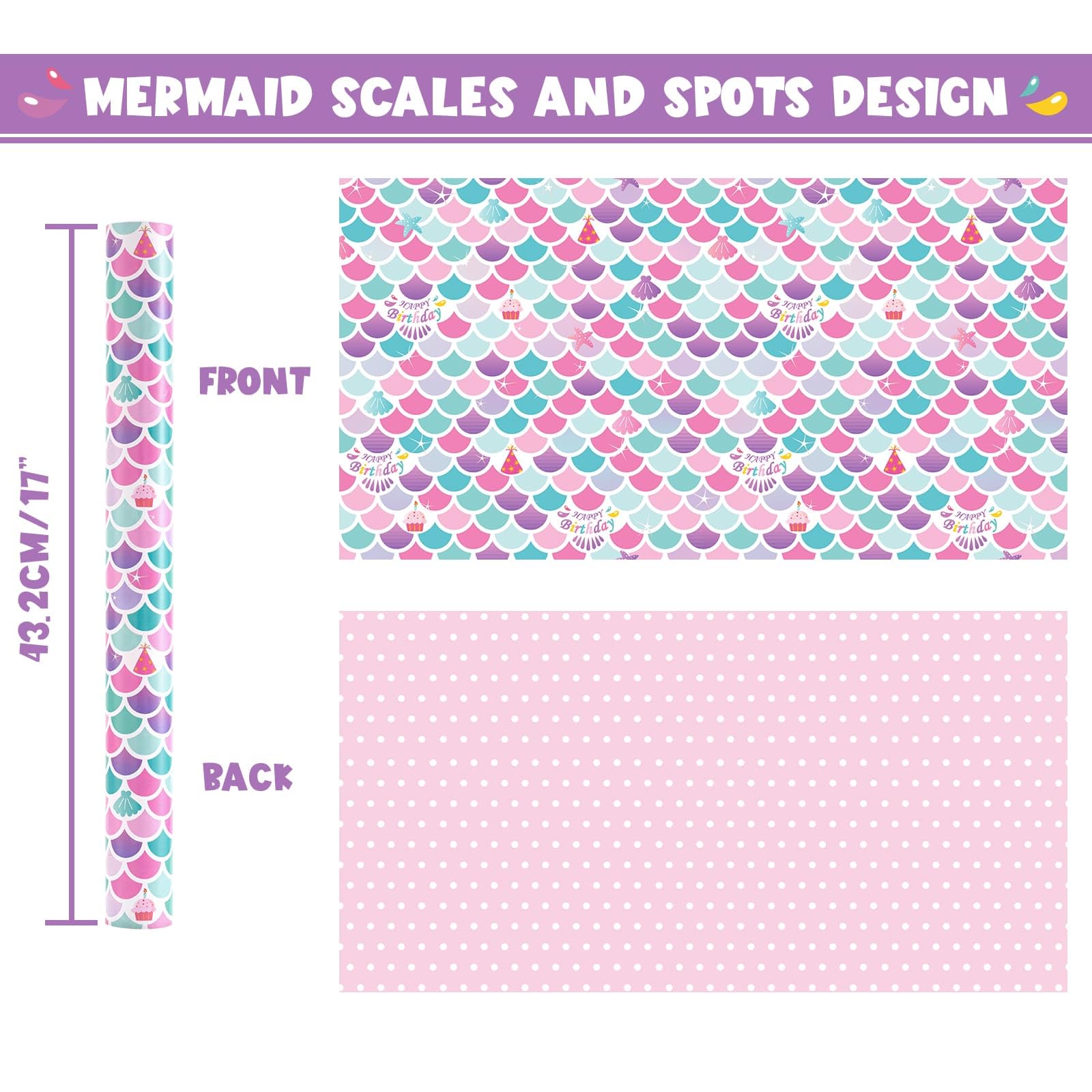 WERNNSAI Rouleau De Papier Cadeau Sirène – 1 Rouleau De Papier Cadeau D' Anniversaire Réversible Pour Filles Motif Sirène 43,2 Cm X 10,1 M, Rose