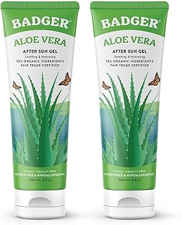 Badger Aloe Vera Gel for Sunburn Relief, Fair Trade & Organic After Sun Care, Pure Cooling Soothing Aloe Vera Gel for Face...