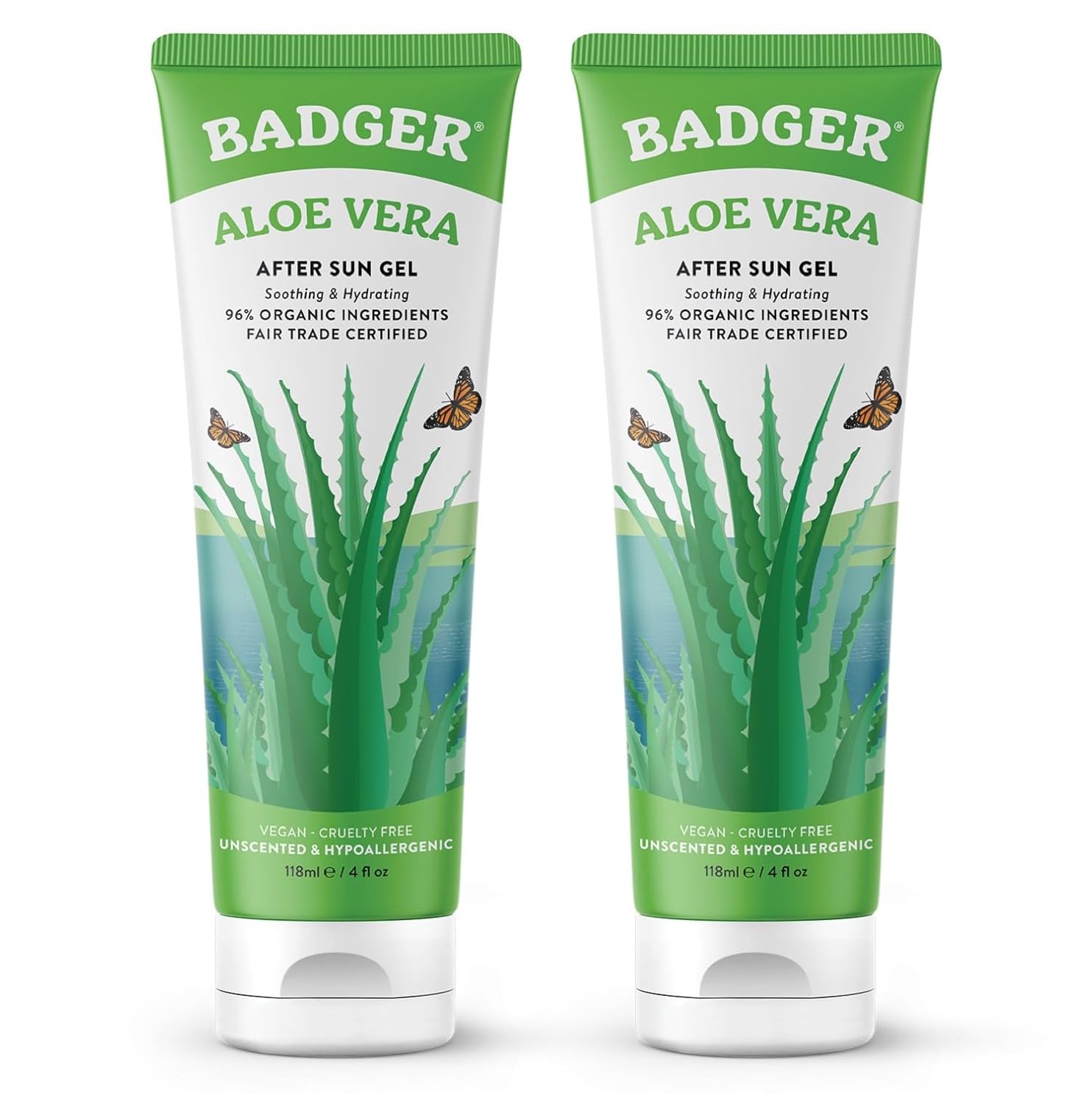 Badger Gel de aloe vera para aliviar quemaduras solares, comercio justo y cuidado orgánico después del sol, gel de aloe vera calmante puro y