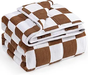 Wemore Flannel Fleece Weighted Blanket for Adult Twin Size 15 lbs, Dual Sided Luxurious Checkerboard Grid Heavy Blankets, Ultra Soft Throw Blanket, Plaid Khaki, 48 x 72 inches