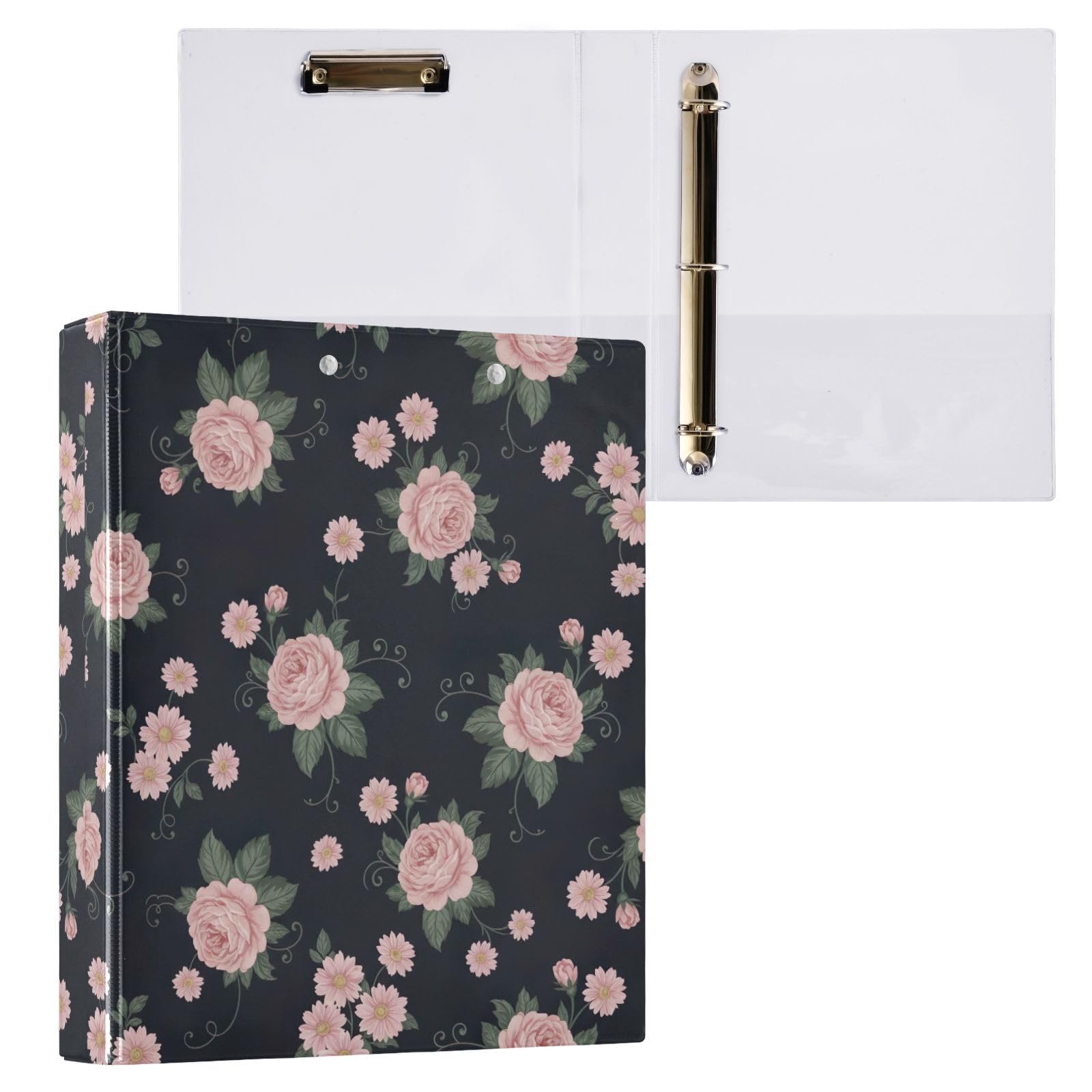 Vintage Roses Black 3 Ring Binder Flexible D Ring Binder with Pockets 3 Ring Binder for School College Office (2 Pack)