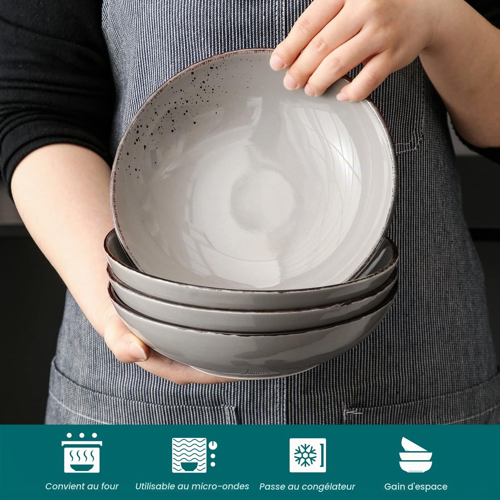 vancasso, Série NAVIA, Assiette Creuse en Céramique, Assiette à Soupe Saladier Faïence, 4 Pièces- 700 ml