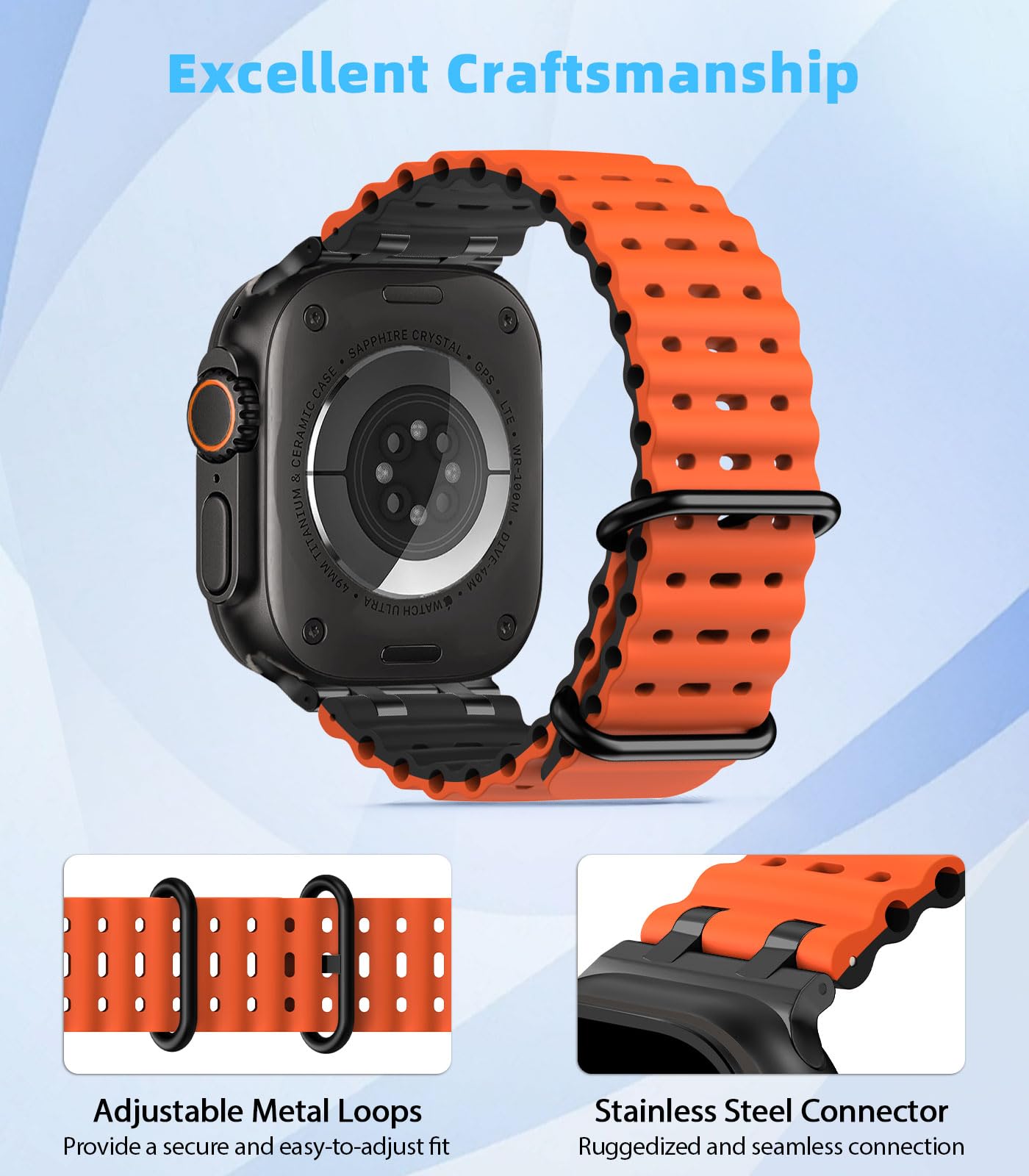 MoKo Cinturino Ocean Compatibile con Apple Watch Ultra 3/2/1 49 mm, S11/S10 46 mm, 9/8/7 45 mm, SE3/SE2/SE/6/5/4 44 mm, 3/2/1 42 mm, Cinturino Sportivo in Silicone Traspirante