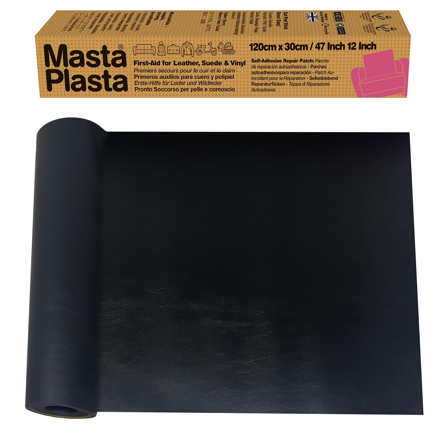 The Original All-in-One Leather Repair Kit by MastaPlasta. Self Adhesive Leather Repair Patch for Sofas - Black 120 x 30cm (47 x 12in). Easy Upholstery-Quality Leather Repair for Car Seats & DIY