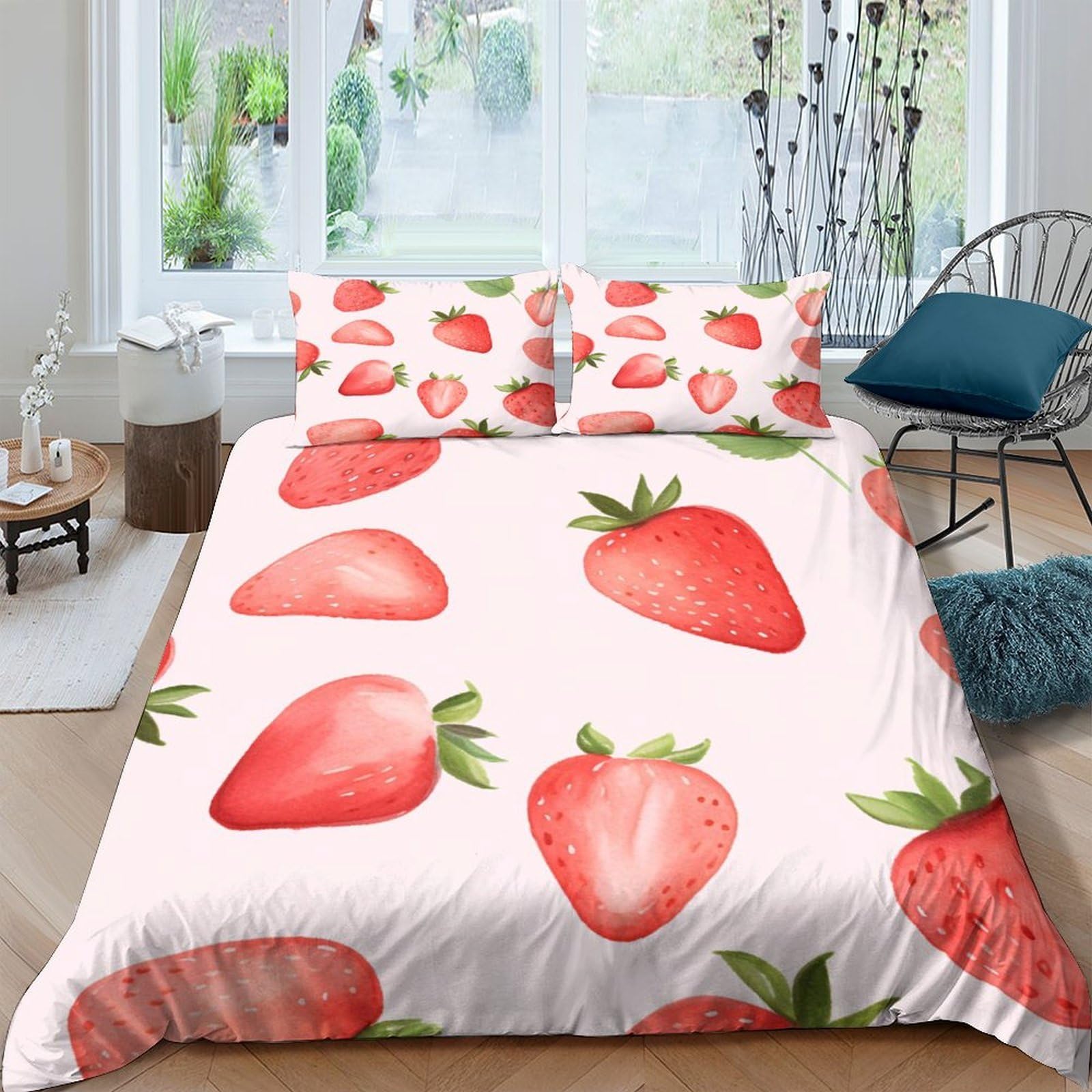 TUFRTGYHN 3D Printed Strawberry Pattern Duvet Cover Microfiber Soft Breathable Fruit Bedding Set with 2 Pillowcases for Bedroom Decor Single（135x200cm）