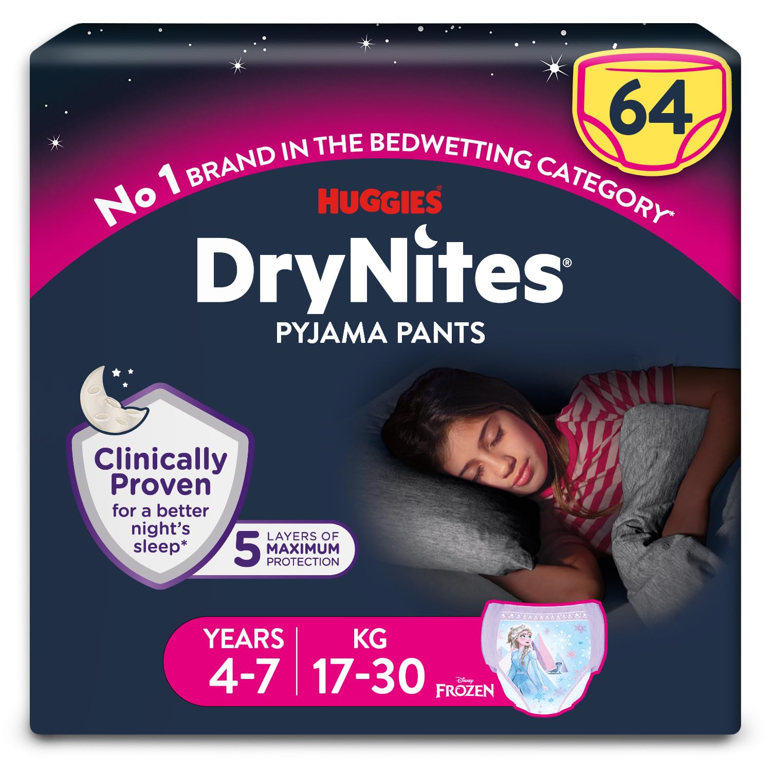 DryNites Pyjama Pants, Girls 4-7 Years (17-30KG), Up to 100% Leak Free Nights, Bedwetting Pants, 64 Count