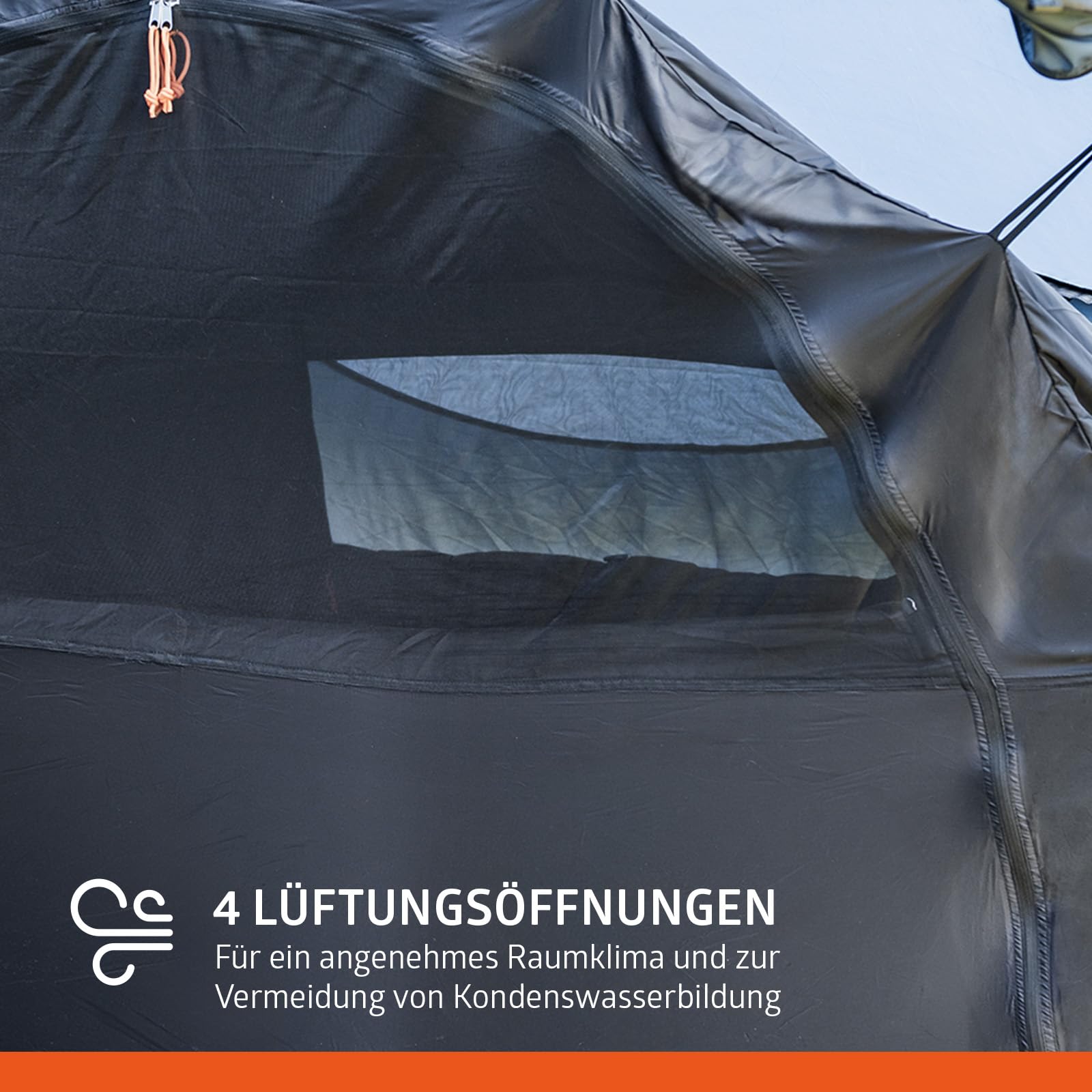 Campout 4-Personen Vis-à-Vis Kuppelzelt – 2 Schlafkabinen – 5000 mm Wassersäule – Wohnbereich – Aufbauzeit 15 Min – inkl. Vordachstangen, Heringen & Tragetasche
