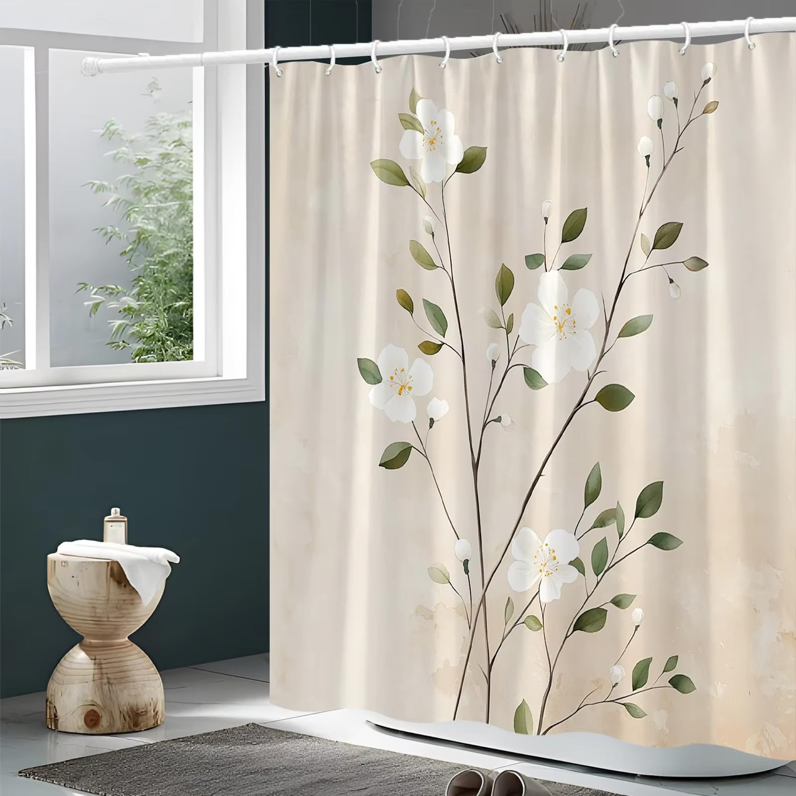 Cortina de Ducha Serene Garden, con Estampado de exuberante vegetación y nenúfares, de Tela de poliéster Impermeable (180x240cm (71x94in))