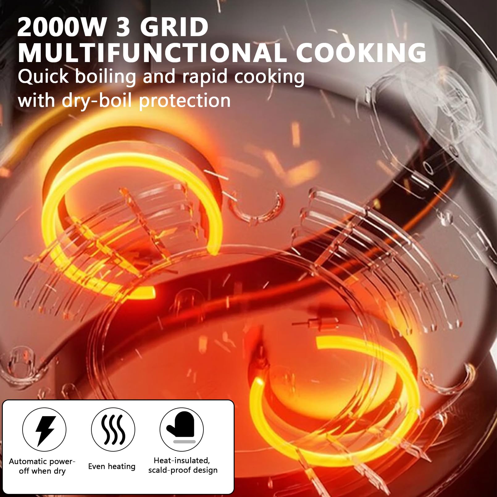 Hotpot Casserole électrique 5,3 l avec chauffage rapide et trois boutons rotatifs, 1600 W avec revêtement antiadhésif, 3 niveaux de réglage de la température, pour steak, fondue, légumes