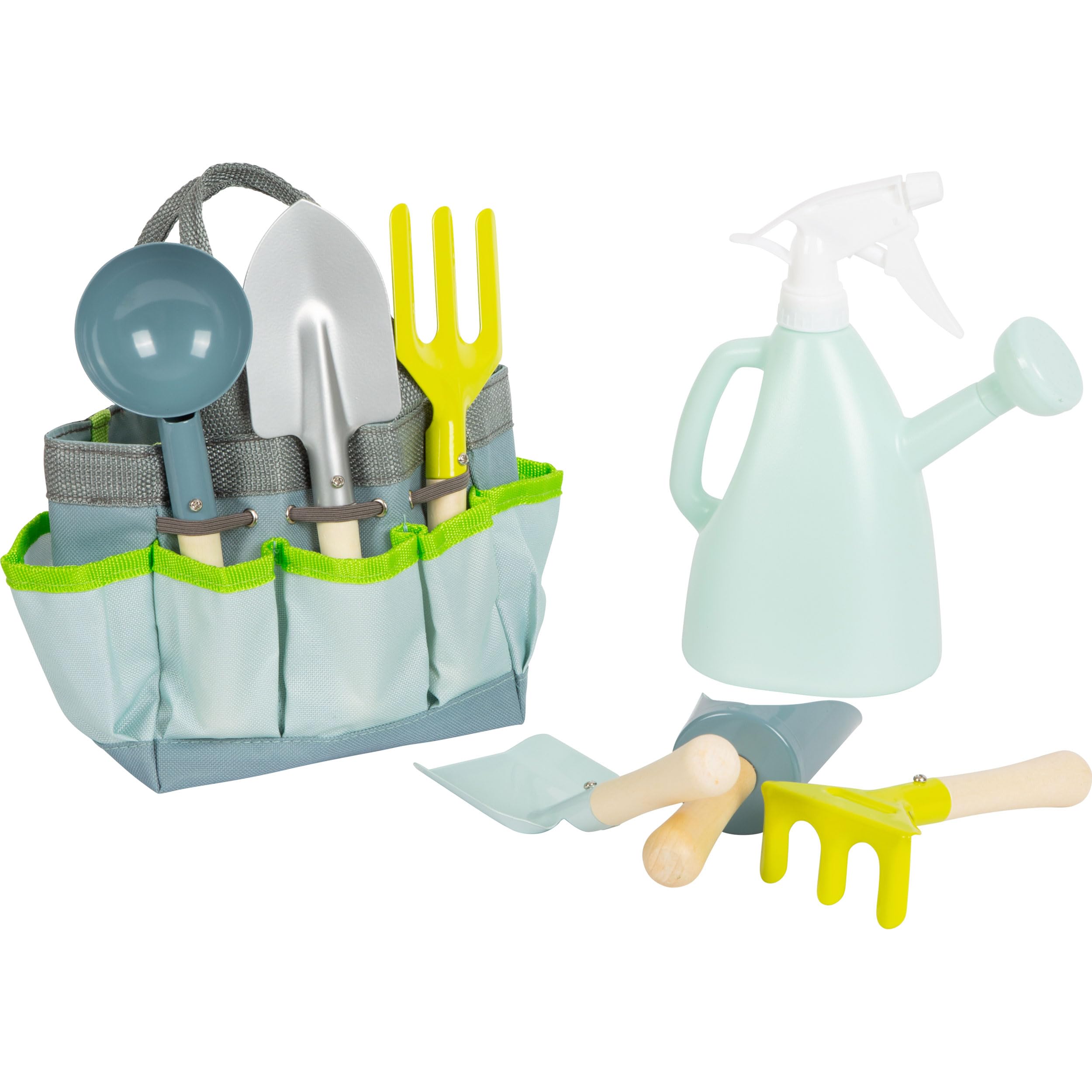 small foot Bolsa de jardinería con Herramientas de Madera y Metal, Juguete de Madera para niños desdes los 3 años, 12388