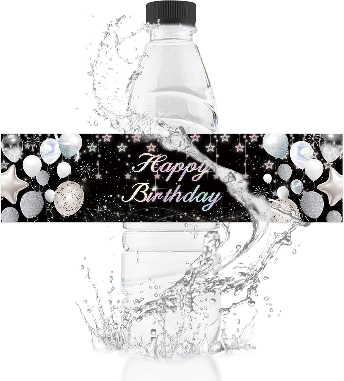 Water Bottle Labels, 50Pcs Happy Birthday Bottle Stickers Waterproof Black and Silver Balloon Banner Happy Birthday Theme Water Bottle Wraps