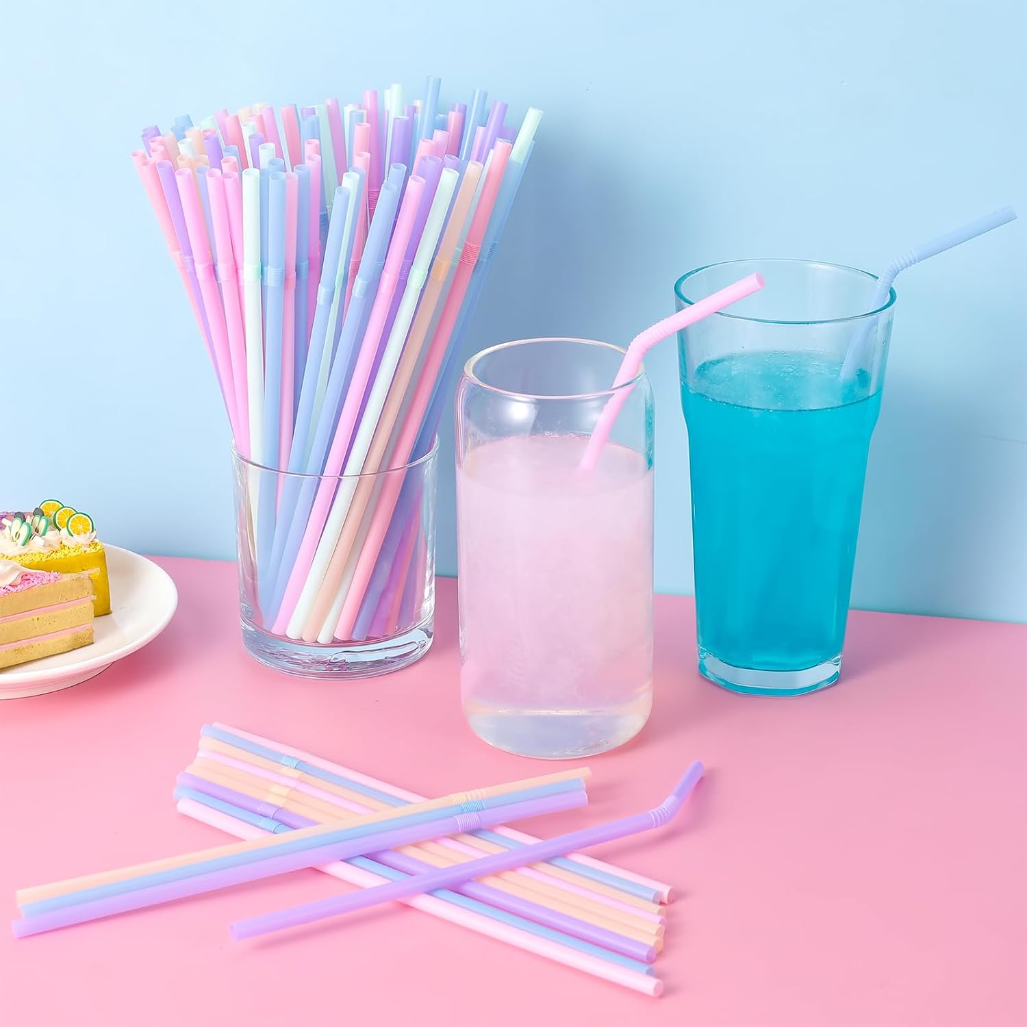 [200 Pcs] Bendy Disposable Plastic Drinking Straws - 8.26" Long & 0.24" Diameter Pastel Cute Straws for Coffee,Cocktail,Juice, Ideal for Bachelorette Party, Birthday Party, Bridal Shower, Baby Shower
