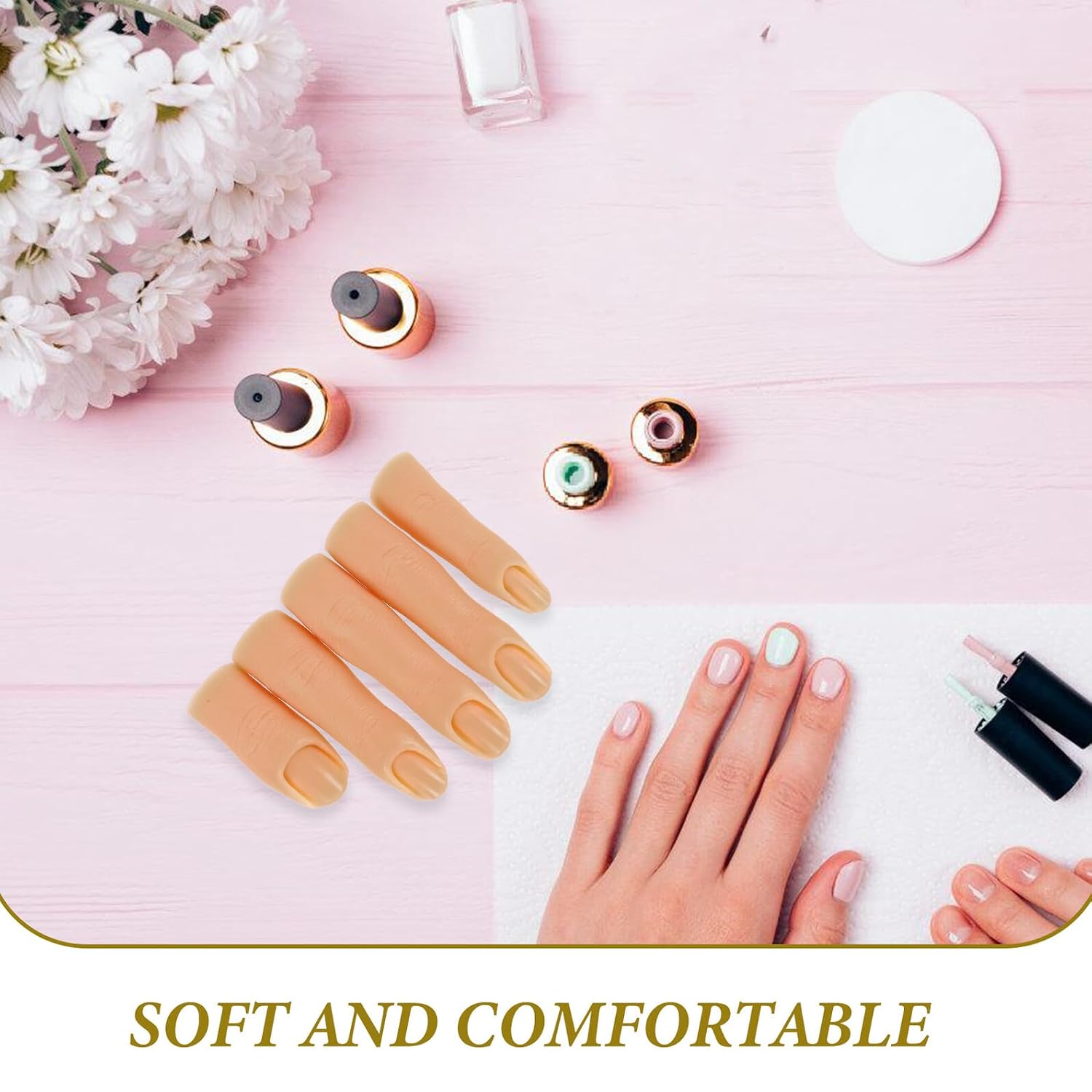 FUOYLOO 5Pcs Light Brown Silicone Nail Art Practice Fingers with Jointed Design and Insertable Tips Realistic Mannequin for Nail Display Photography