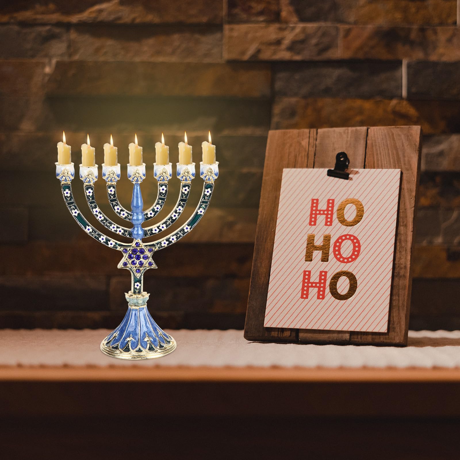 Candelabro Judío de 7 Brazos de Aleación Azul Retro | Estilo Religioso, Efecto Decorativo y Uso Prolongado, para Salón y Fiestas