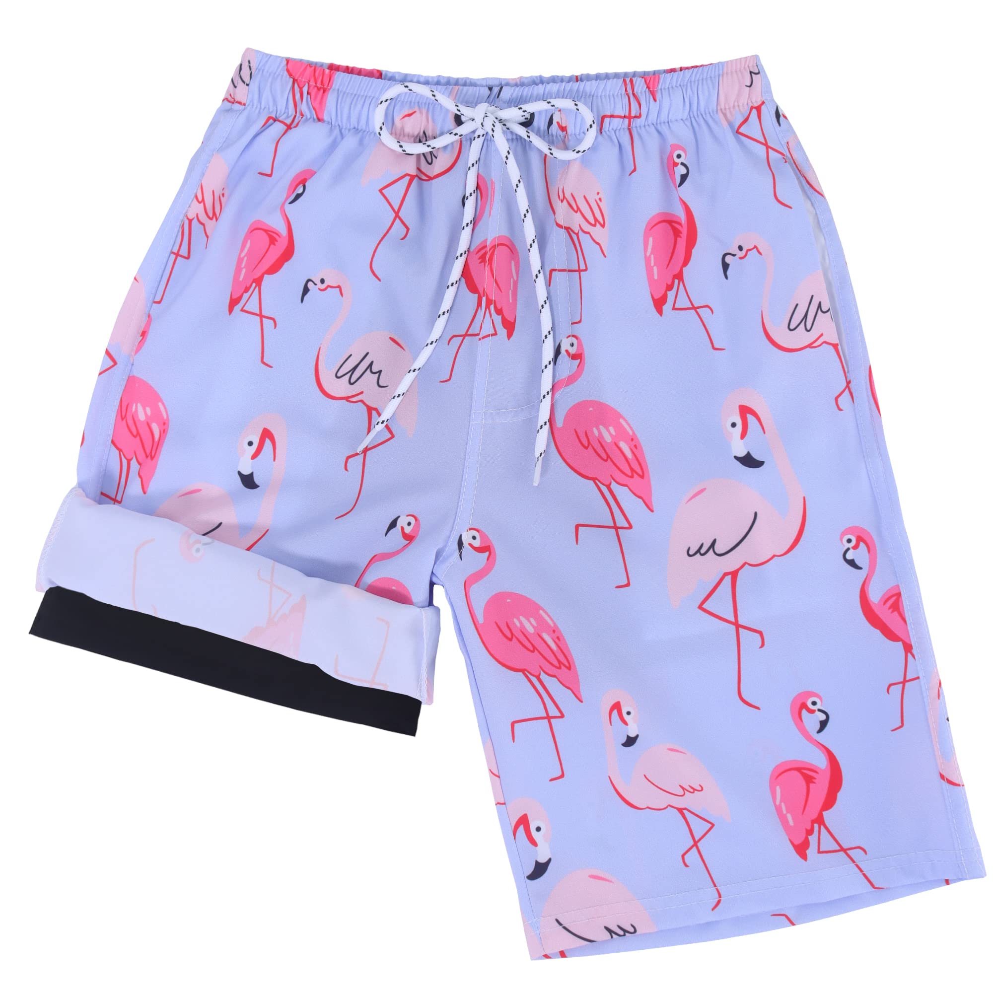 TCHH-DayUpBoys Swim Trunks with Boxer Brief Liner Compression Swimming Beach Board Shorts Quick Dry Pink Flamingos Swimwear Size 11-12 Years