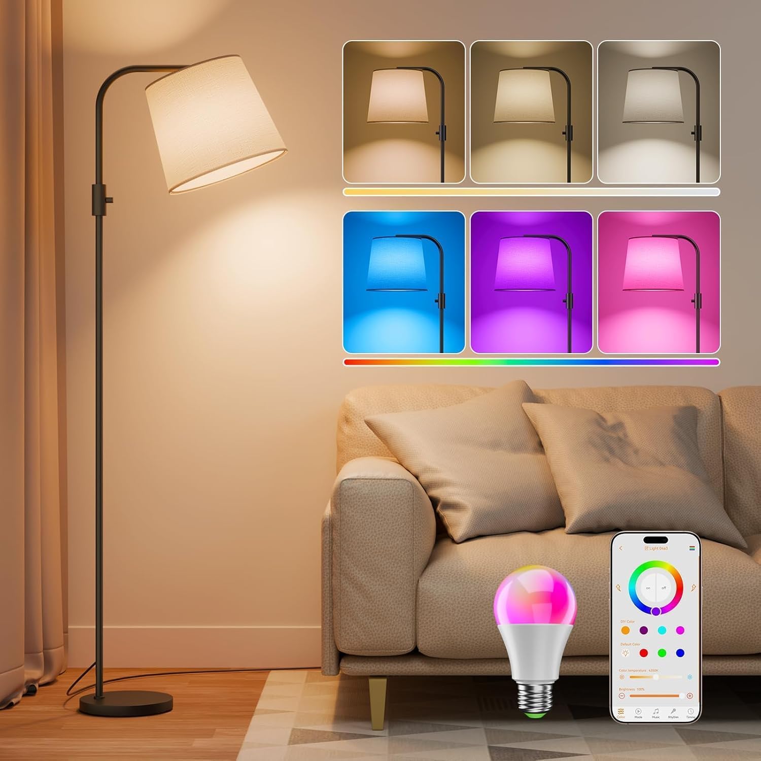 DUSKTEC Lámpara de Pie Arco Inteligente para Salón, Compatible con Alexa y App, Cambio de color RGB, Regulable 1%-100%, Blanco 2700K-6000K, Sincronización con Música,10W 1200LM, Pantalla de Lino 350°
