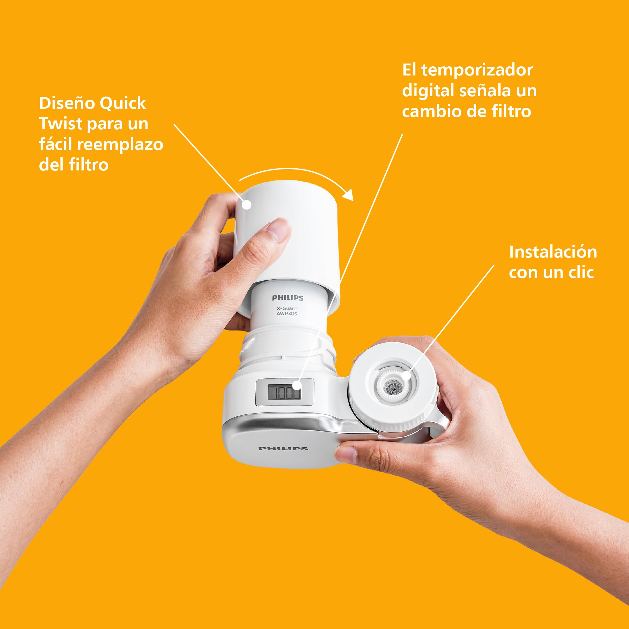 Philips Water Filtro de Grifo AWP3756P1/10, ULTRAFILTRACIÓN con PANTALLA DIGITAL, capacidad de filtración de 1200 L, reduce CLORO, PLOMO, MICROPLÁSTICOS y BACTERIAS