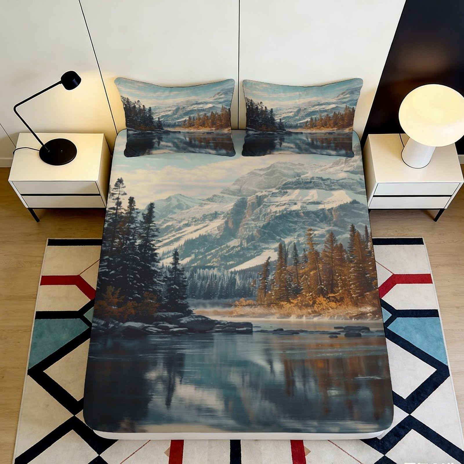 3D Printed Mountain Landscape Fitted Sheet Microfiber Soft Breathable Scenic River Bed Cover for Bedroom Dormitory Guest Room Mattress Protection 160x200x25cm