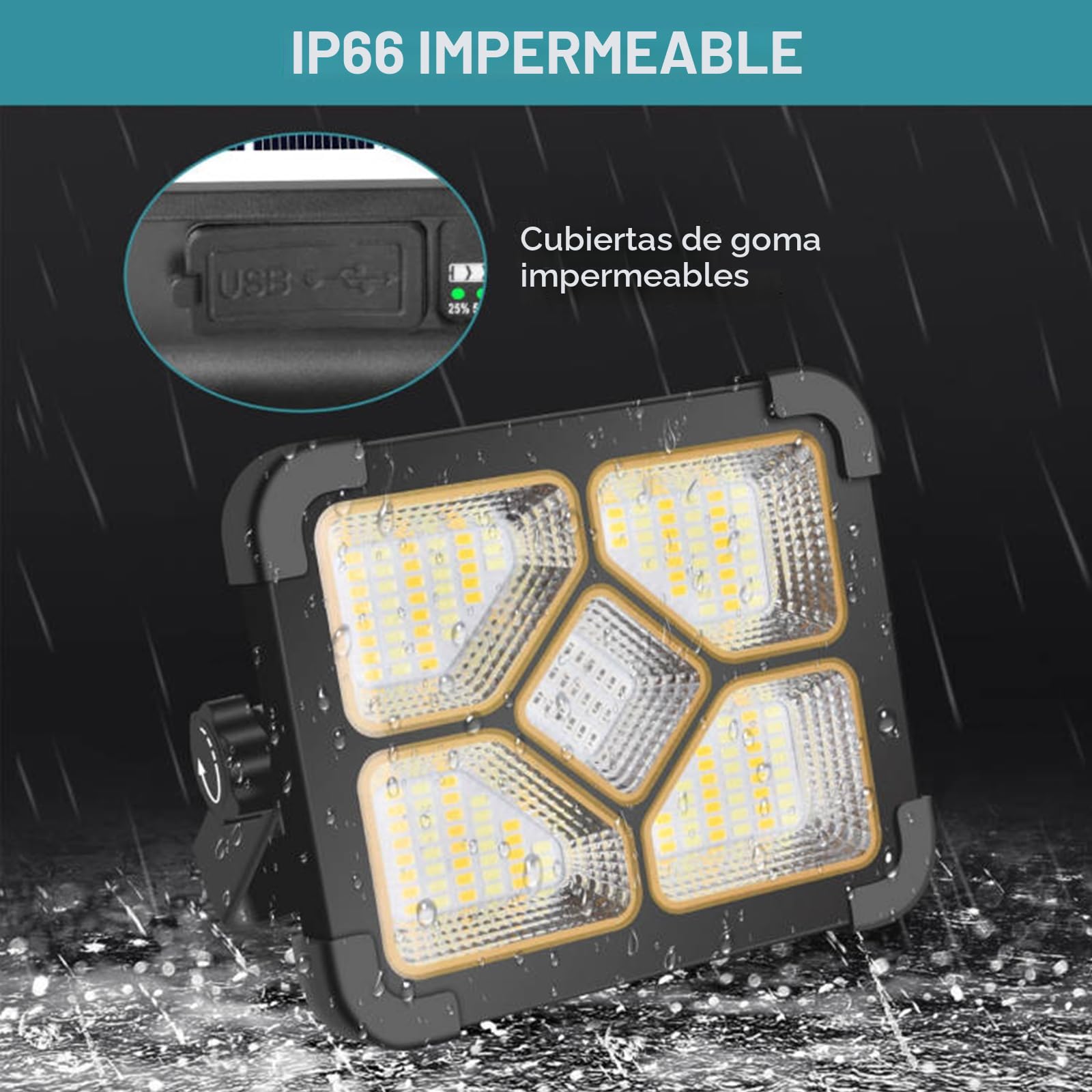 ERAY Foco LED Recargable 6000mAh Batería - 174 LEDs, 4 Modos, IP66, Panel Solar, Banco de Energía, Portátil Luz de Trabajo para Camping, Emergencia, Trabajo, Pesca