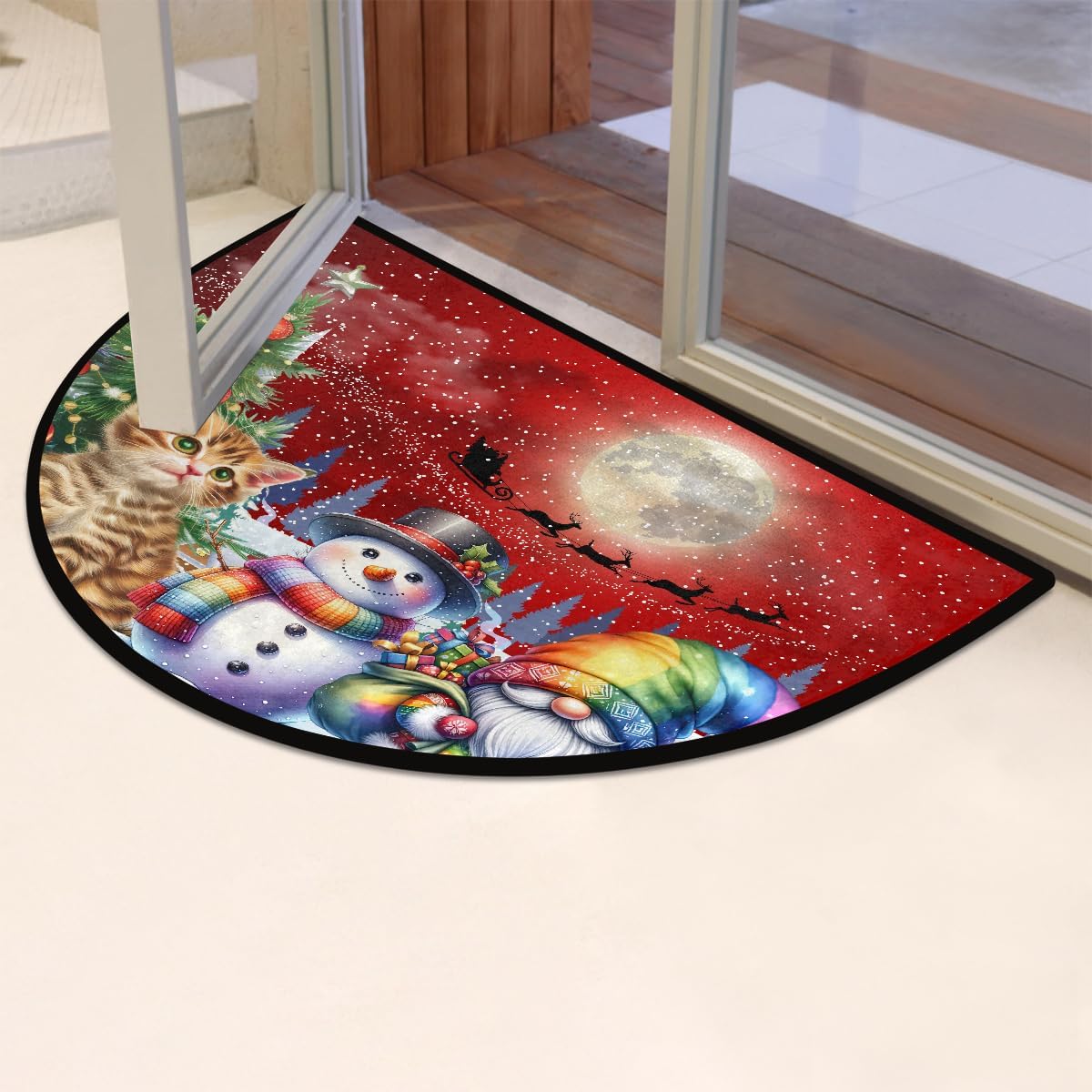 Christmas Dwarf Snowman Cat Half Round Door Mat Non Slip Washable Semi Circle Area Rug Absorbent Soft Half Moon Rug Floor Mat for Indoor Outdoor Kitchen Bathroom Patio Front Door Mat Decor,a-31