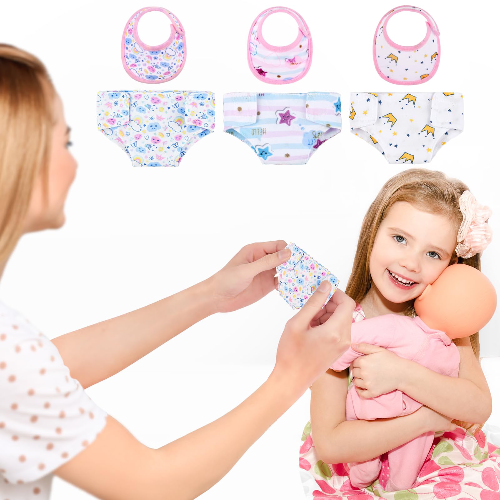 Aolso Bavaglini e Pannolini per Bambole, Set di 9 Accessori per Bambole Bavaglini e Pannolini in Tessuto per Bambole, Calzini per Bambole, Lavabile, Riutilizzabile, Idee Regalo per Bambini