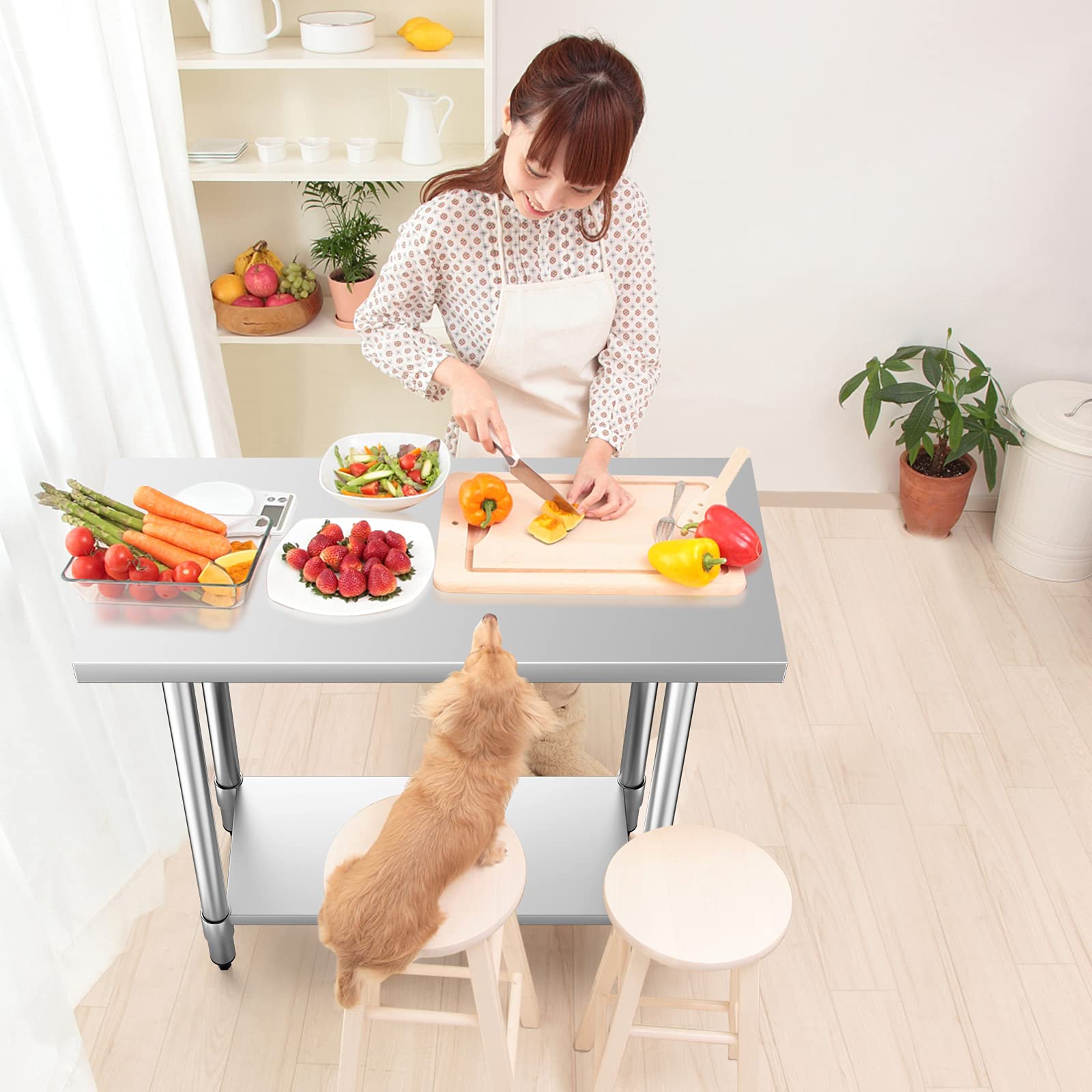 GIANTEX Tavolo da Lavoro per Cucina in Acciaio Inox, Piattaforma con Ripiano Regolabile in Altezza, Piedini Antiscivolo e Regolabili, Piano Cucina Ristorante e Magazzino (92x61x90cm)