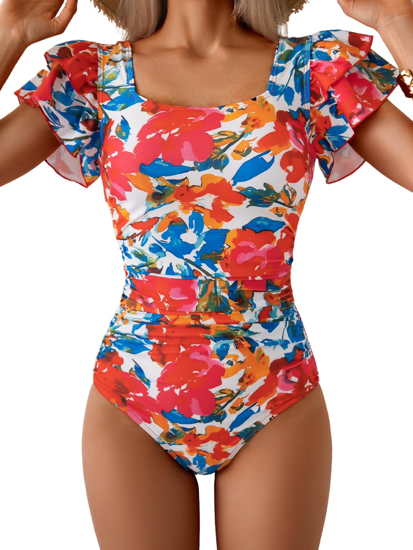 Eomenie Women's Ruffle Sleeve One Piece Swimsuit Tummy Control Bathing Suit | Square Neck, Ruched, Slimming, Modest, Cutout Back, Non-removable Padding