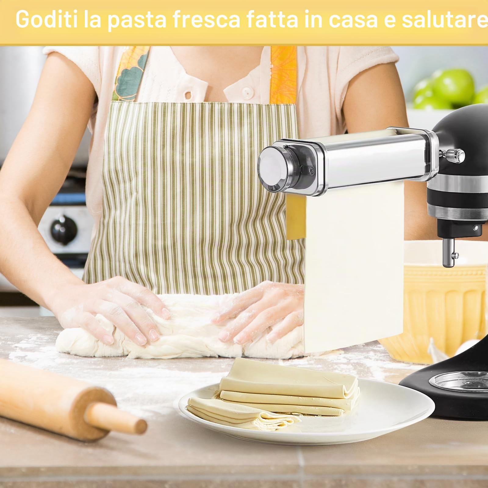 Inserto per pasta in acciaio inox 304, adatto per robot da cucina Kenwood, accessori per pasta con manopola girevole, 8 spessori regolabili, rullo per pasta Kenwood accessori Kmix, argento