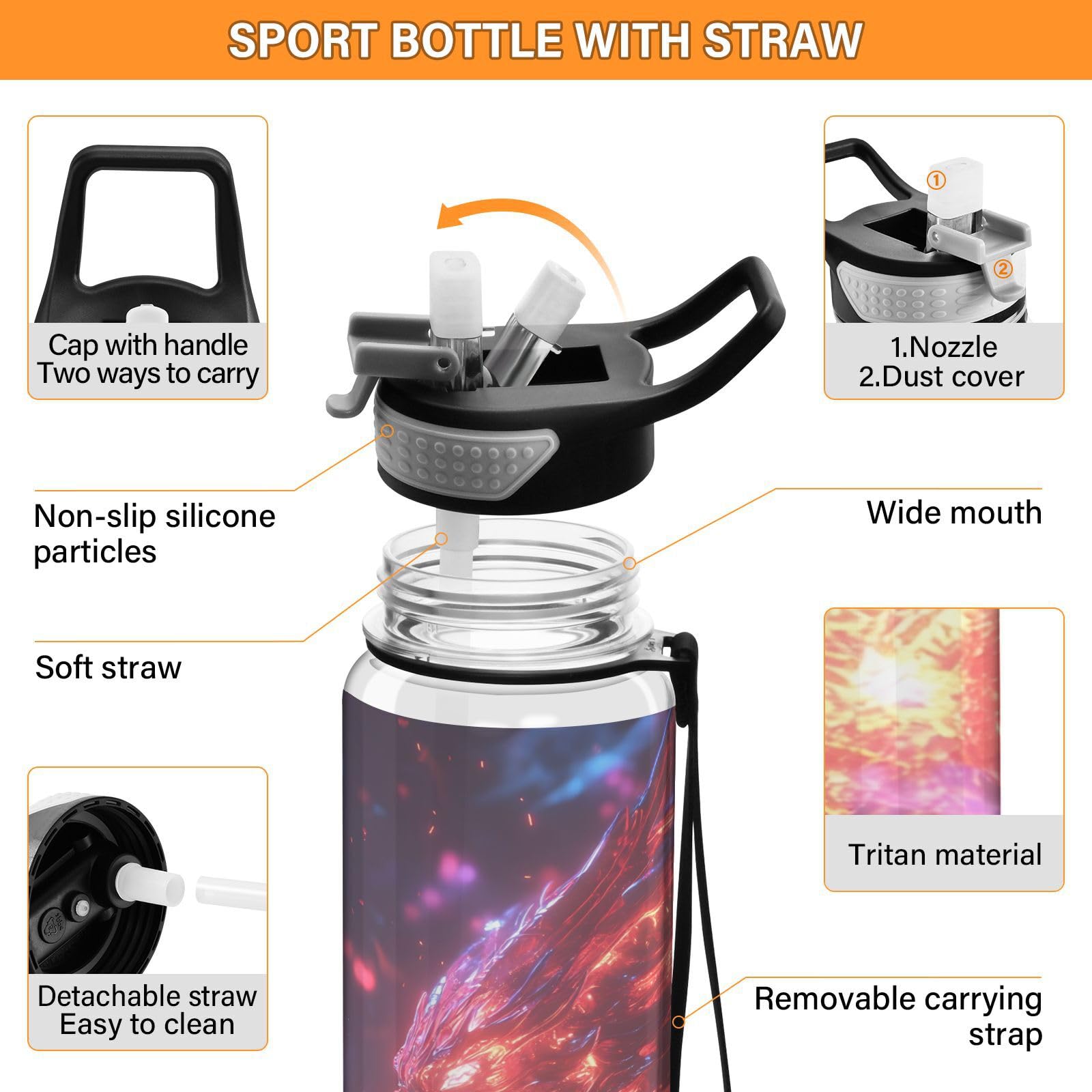 ALAZA Wasserflasche mit Strohhalm, auslaufsicher, Tritan, transparent, Motiv: Monster Drache, Kinder-Wasserflasche für Schule, Outdoor, Sport, Trinken, 900 ml, Rot / Blau