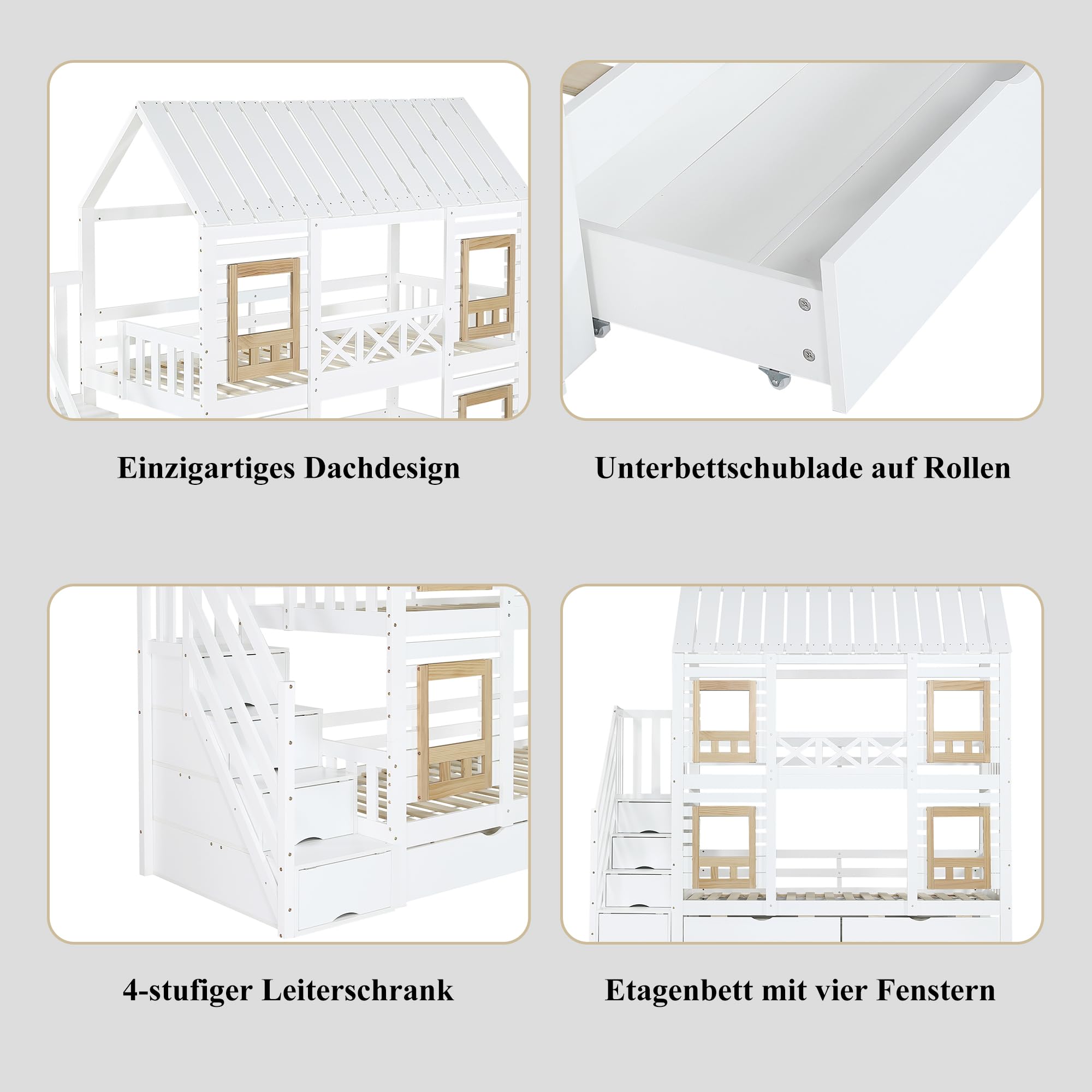 Etagenbett, Kinderbett, Mit farblich abgesetztem Fallschutzgitter, mit Fenster, Zwei Schubladen mit Rollen, Treppe mit 4 Ablagefächern, 90x200cm