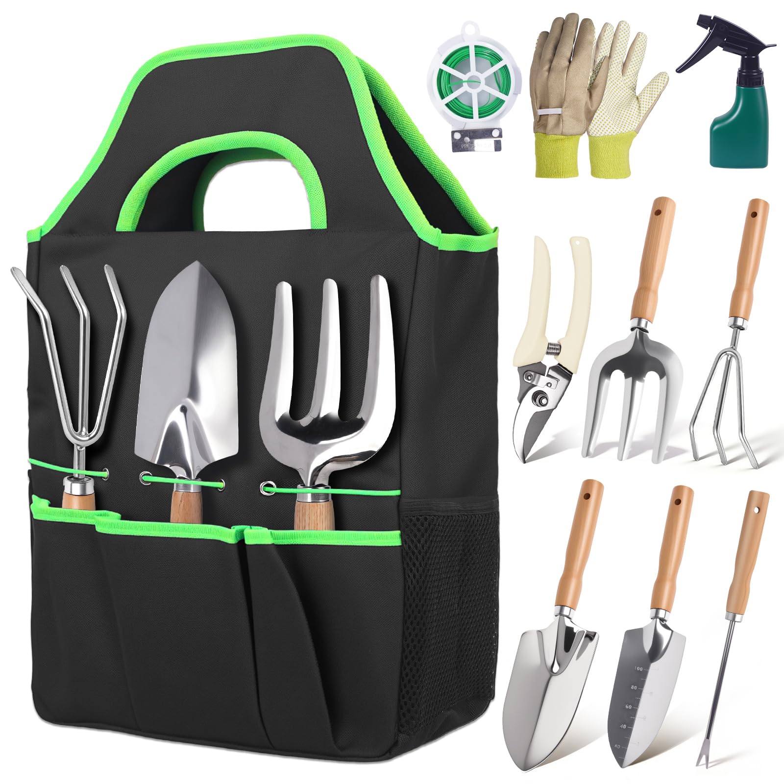 Gartenwerkzeug Set, 10-teilig Gartengeräte aus Hochwertigem Edelstahl, inkl. klein Gartenschaufel Gartenschere Gartentasche Handschuhe