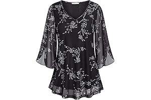 Women's Ruffle 3/4 Sleeve V Neck Double Layers Mesh Blouses