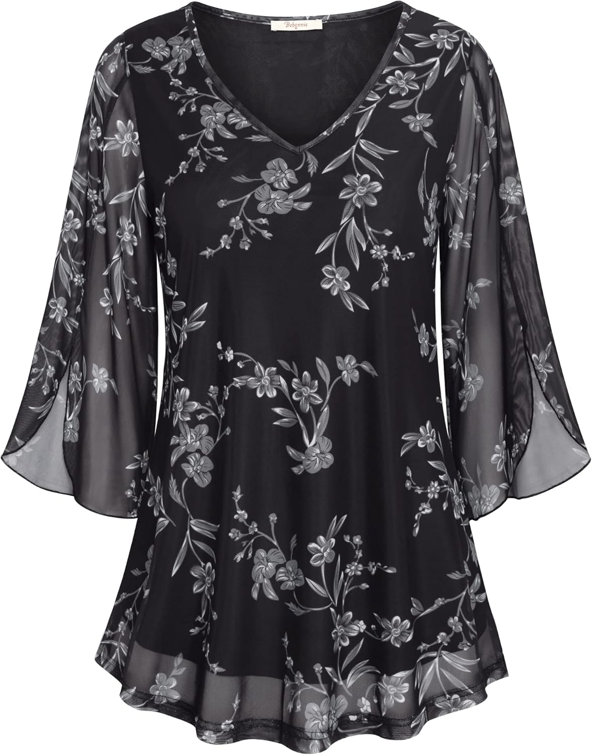 Bebonnie Womens Ruffle 3/4 Sleeve V Neck Double Layers Mesh Blouses Loose Fit Flowy Tunic Tops