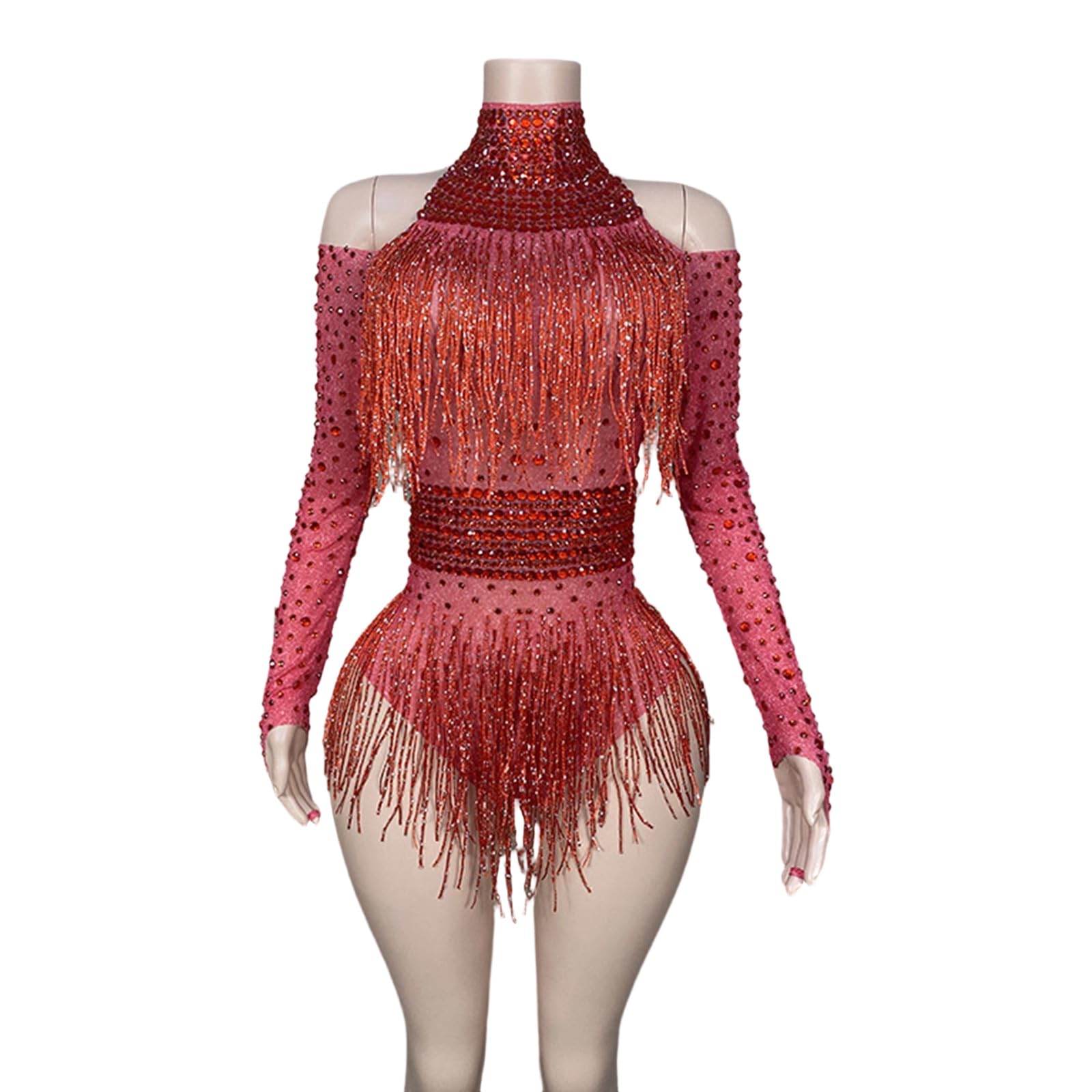Diamantes - Body con flecos para mujer, leotardo de bailarina, para celebración, graduación, cumpleaños, discoteca, disfraz de diamantes brillantes, manga larga con flecos, para mujer