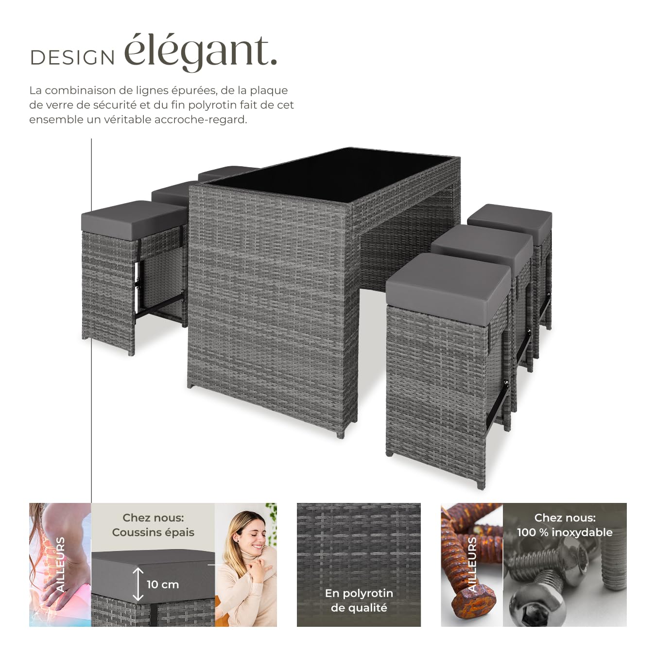 tectake® Ensemble de Bar Extérieur en Résine Tressée, Structure en Aluminium - Salon de Jardin 6 Places avec Table, 6 Chaises Encastrables et Coussins Inclus - Mobilier pour Amenagement Balcon