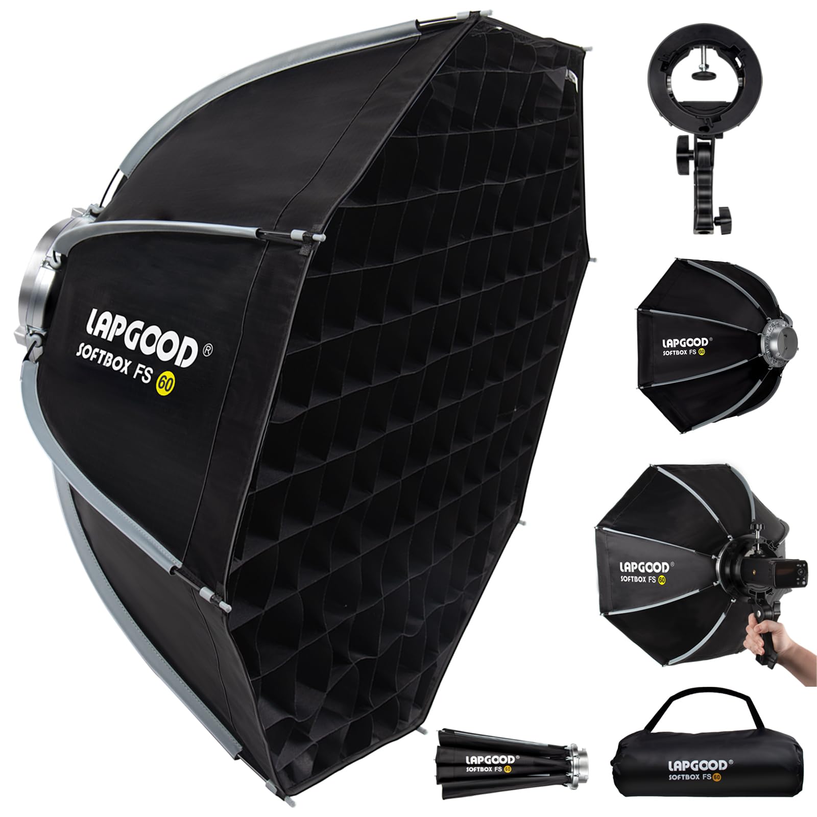 LAPGOOD FS60 Softbox 60cm Softboxes, Quick Release Foldable Softbox with Honeycomb Grid, S-Type Flash Bracket, Bowens Mount and Carrying Bag, Soft Box for Studio Photography Video Flash
