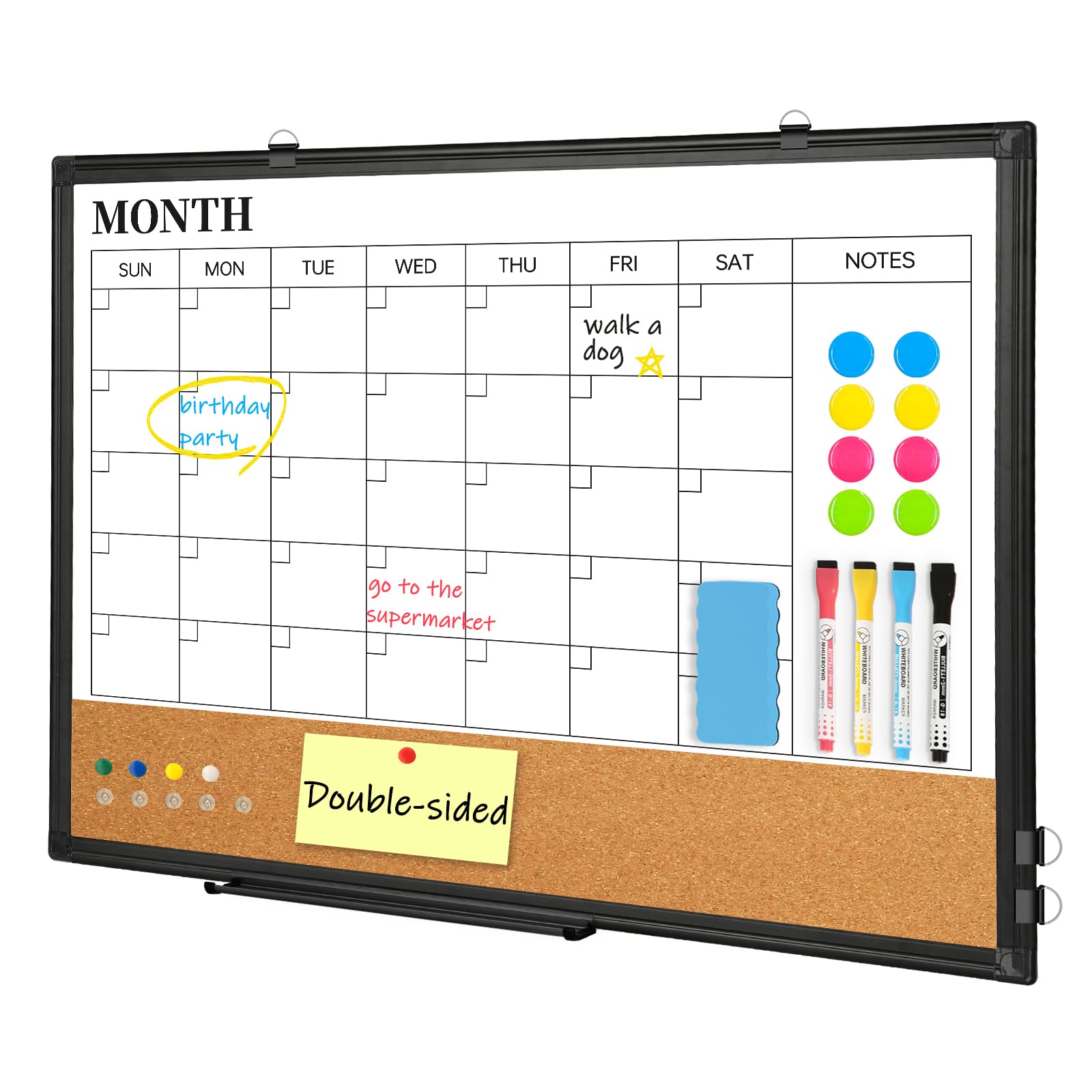 DOLLAR BOSS Whiteboard Calendar Corkboard Combo 36x24 Inch Magnetic Dry Erase Calendar Double-Sided Monthly Planner Black Aluminum Frame Office School Home 8 Magnets 4 Markers 10 Pins 1 Eraser 1 Tray