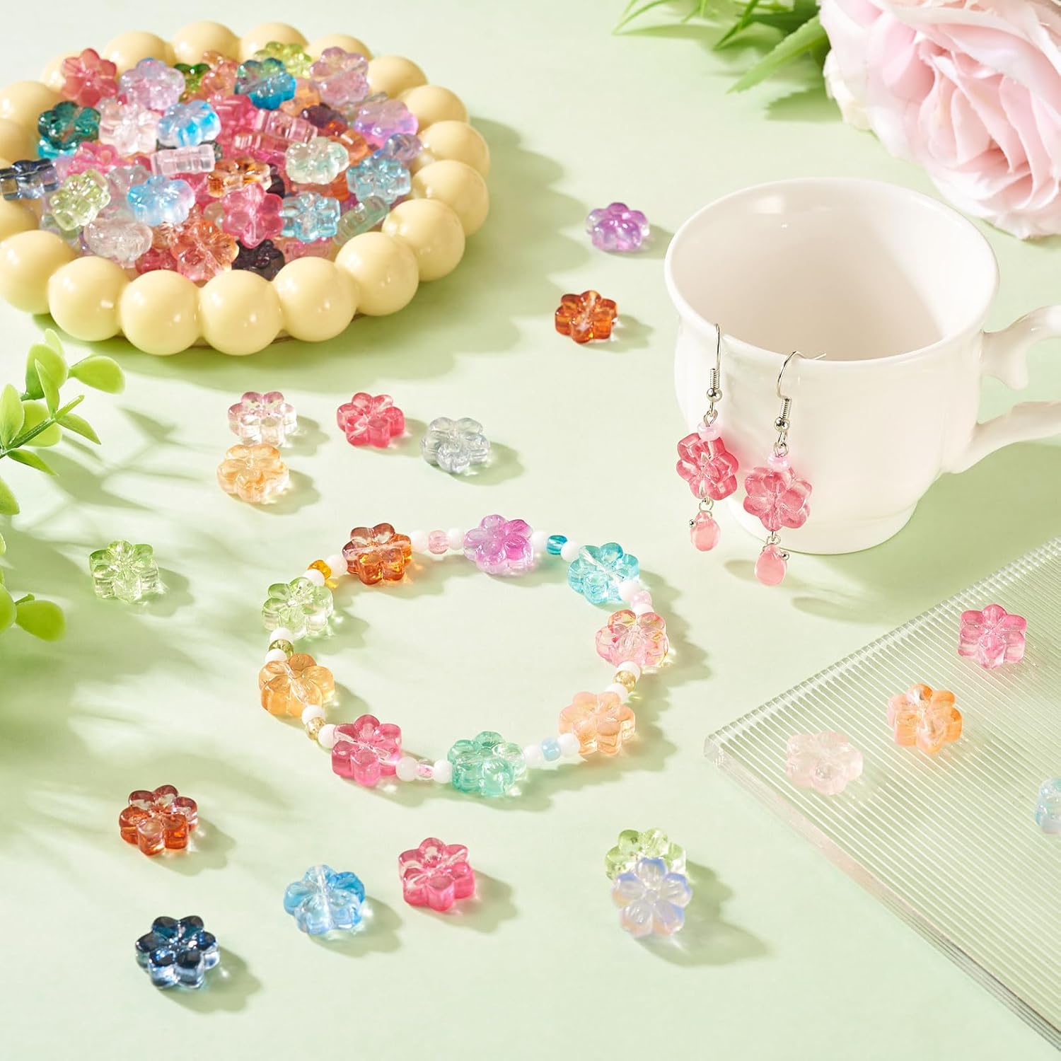 120Pcs Glass Flower Beads Colorful Cherry Blossom Crystal Beads Cute Floral Charm Bead Spring Plant Loose Spacer Bead for DIY Crafts Friendship Bracelet Earring Necklace Jewelry Making - Image 3