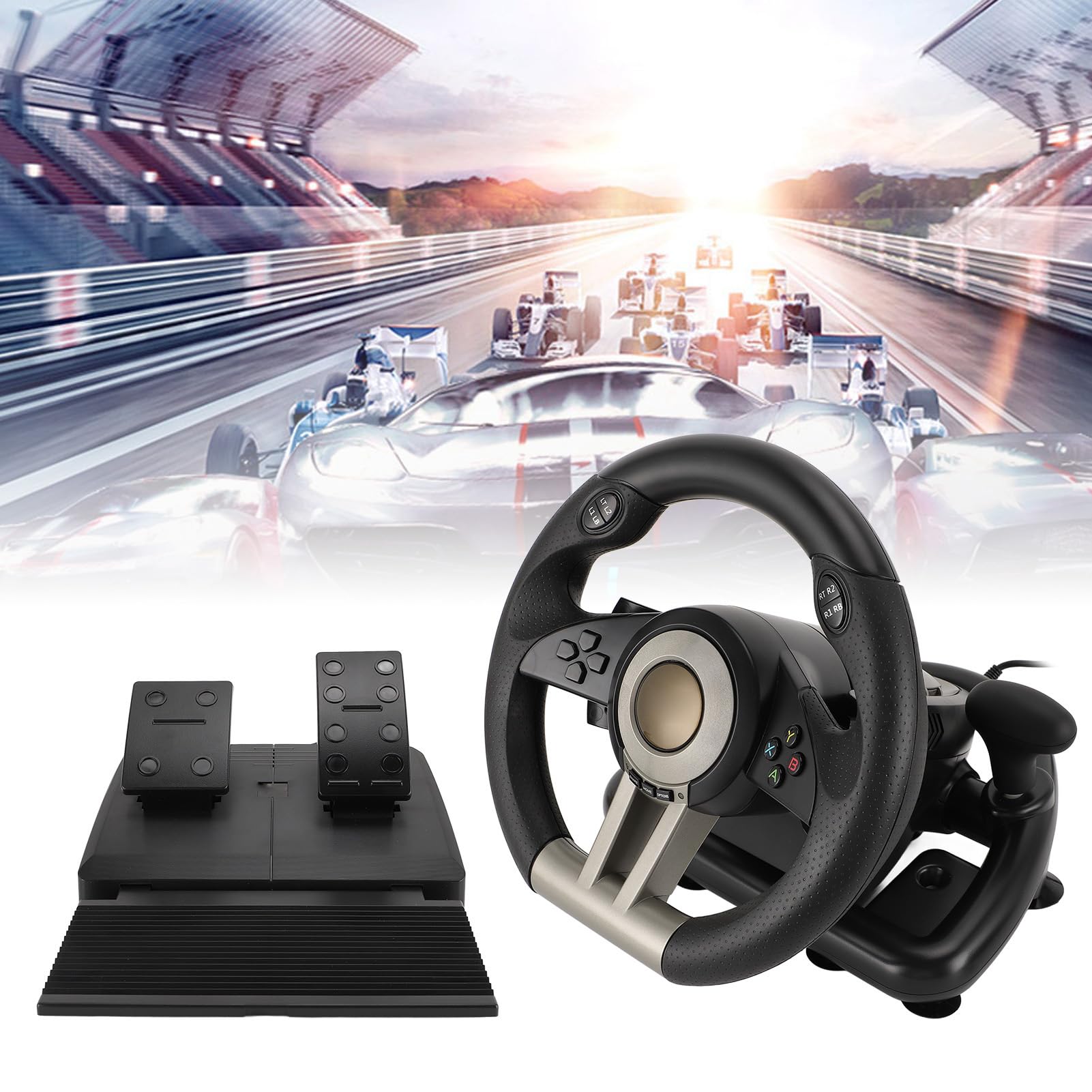 Dpofirs PC Racing Wheel and Pedal, 180 Degree Rotation Universal USB Gaming Steering Wheel with Formula Paddle Shifter, Dual Motor Feedback for PS3PC