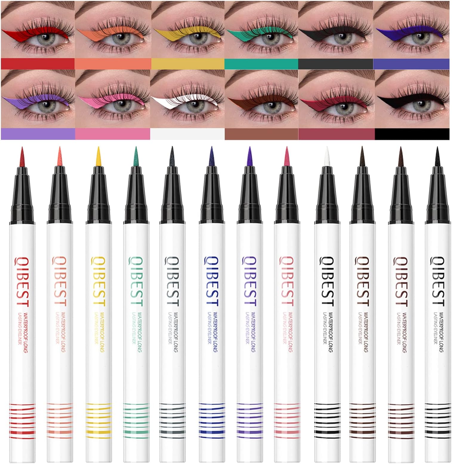 12 Pcs Colorful Eyeliner Rainbow Matte Liquid Eyeliner Set White Black Red Brown Green Colored Eyeliners Waterproof Long Lasting Matte Colored Eye Liners Pencil Halloween Christmas Eye Makeup