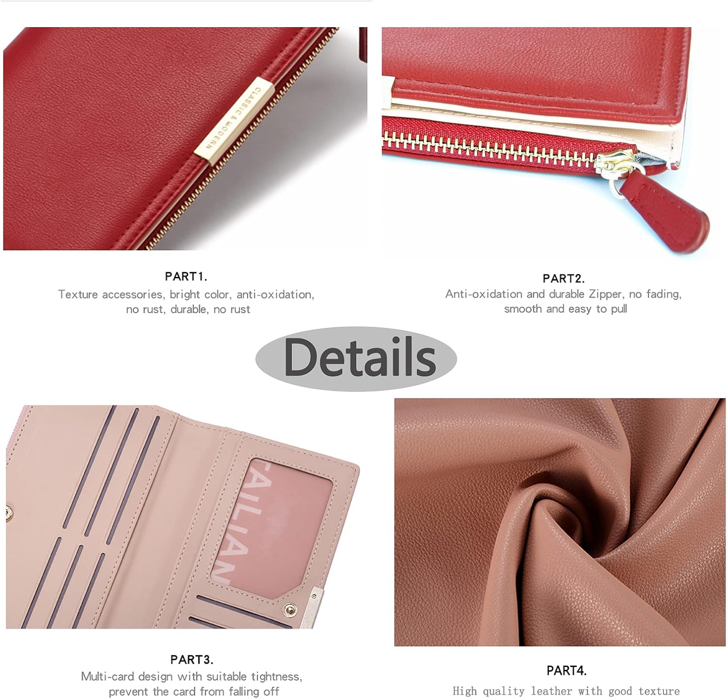 Mokoze Red Wallet Women, Leather Wallet with Zipper Magnetic Closure Double Fold Wallet for Gift Giving, Daily Life, Travel and Business Occasions - Image 6